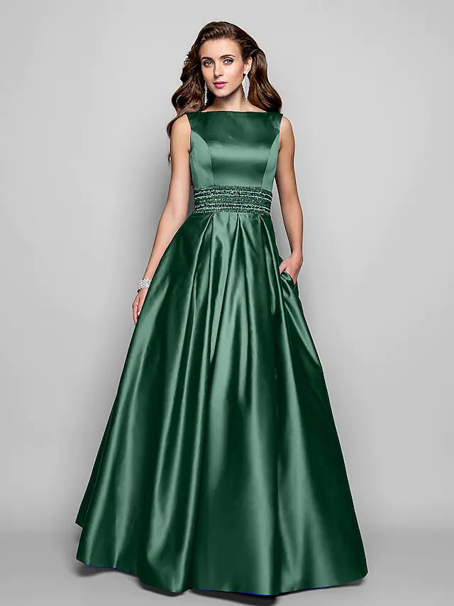 Elegant A-Line Satin Wedding Guest Dress with Pleats & Beading - Floor Length Sleeveless Boat Neck Pocket Formal Gown for Bridesmaid, Evening Party, Prom & Special Occasions