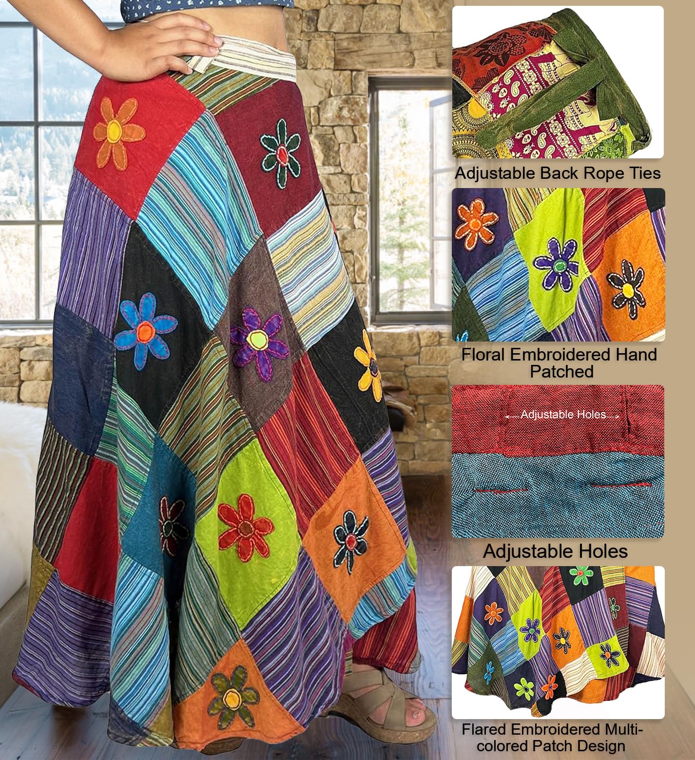 Agan Traders Women's 2025 Spring & Fall Boho Maxi Skirt - High Waisted Long Bohemian Wrap Skirt with Patchwork & Tie-Up Design for Beach, Festival, and Casual Wear