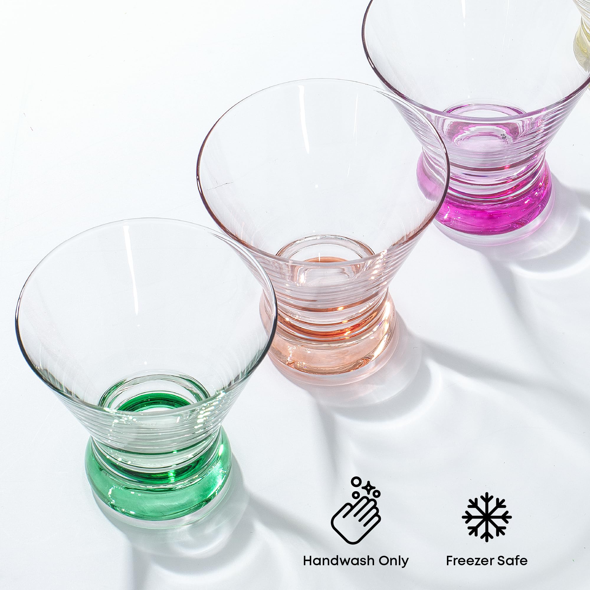 JoyJolt HUE 7oz Martini Glasses Set of 6 - Colorful Glass Base Cocktail Glasses for Margaritas, Juice & Shrimp Cocktails - Perfect for Home Bars, Parties & Entertaining