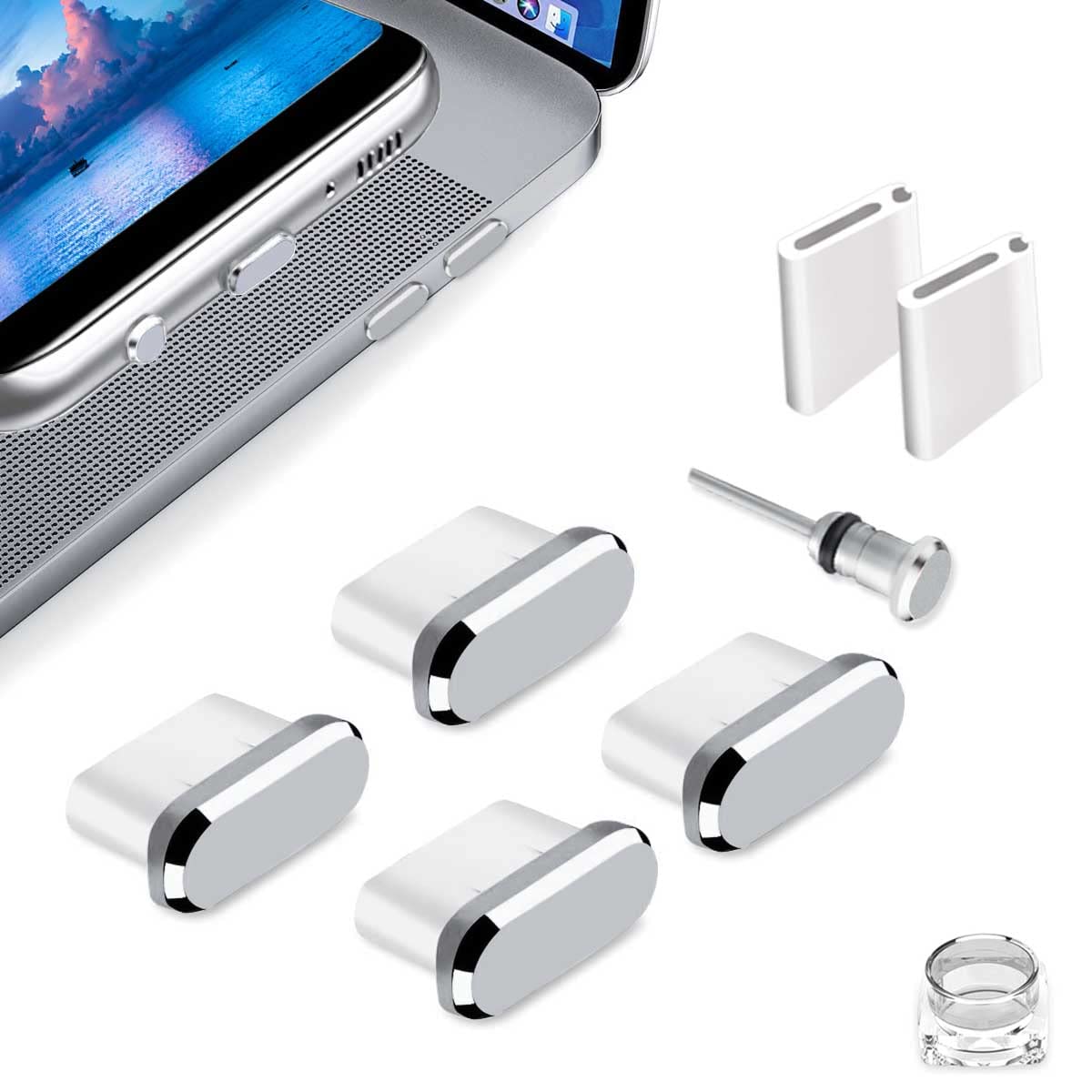 4 Pack Silver USB C Port Plugs - Anti Dust & Anti Lost Type C Charging Port Protector Covers - Compatible with iPhone 16/15 Pro Max/Plus, Samsung S24/S23/S22, MacBook - Perfect for Travel, Gym & Daily Device Protection