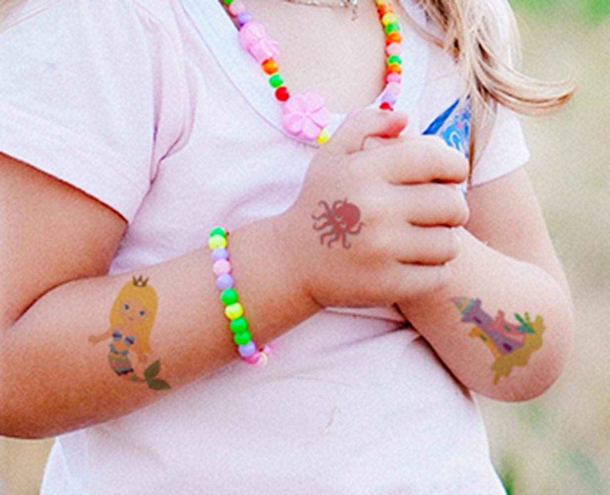 Mermaid Temporary Tattoos for Kids - 80 Assorted Fake Tattoo Designs for Girls Birthday Party Favors, Pool Party & Summer Beach Fun Accessories