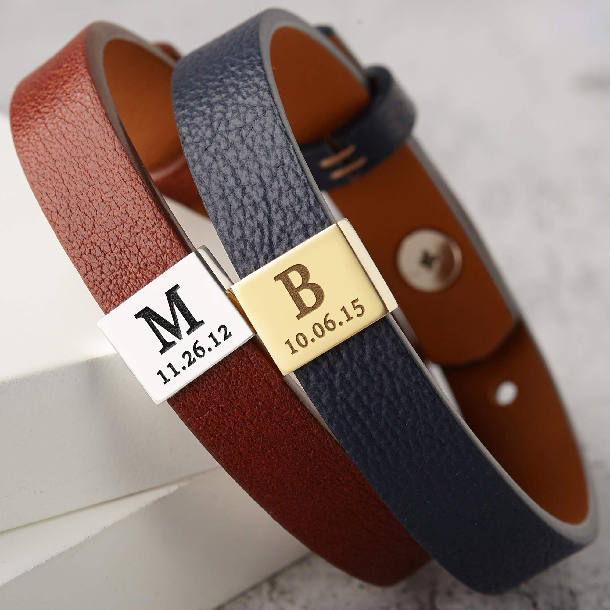 Genuine Leather Dad Bracelet with Initial - 925 Sterling Silver Gift for New Fathers