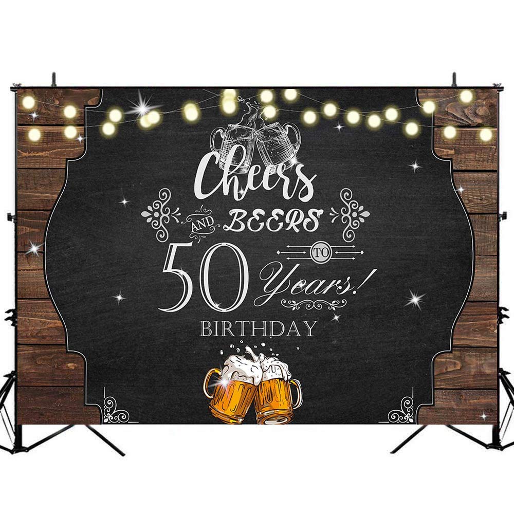 Avezano 8x6ft Cheers and Beers 50th Birthday Backdrop - Happy 50th Birthday Party Background with Vinyl Glitter Lights, Rustic Decor for Adult Men's Birthday Party Supplies | Perfect for Milestone Celebrations & Photo Booths