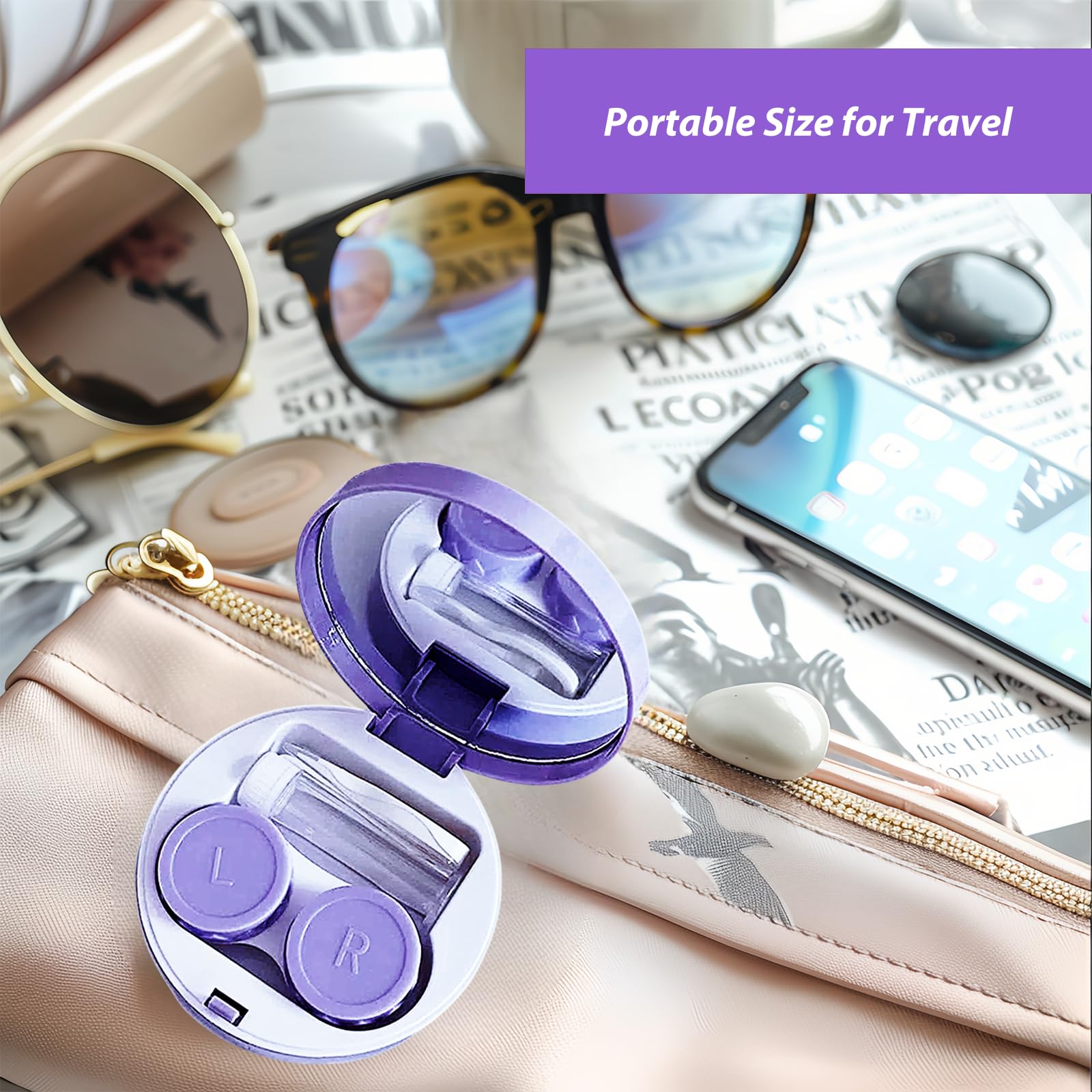 Travel Contact Lens Case with Mirror & Tweezers - Purple for On-the-Go Care