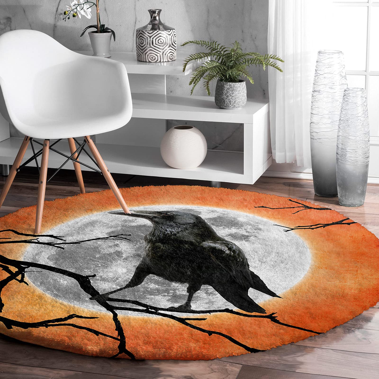 Halloween Raven Full Moon Orange Shaggy Area Rug - Soft Plush Floor Carpet for Kids Room, Nursery & Living Room - 3.3ft Round Modern Home Decor (Perfect for Halloween Decorations, Cozy Nursery Flooring & Stylish Living Room Accent)