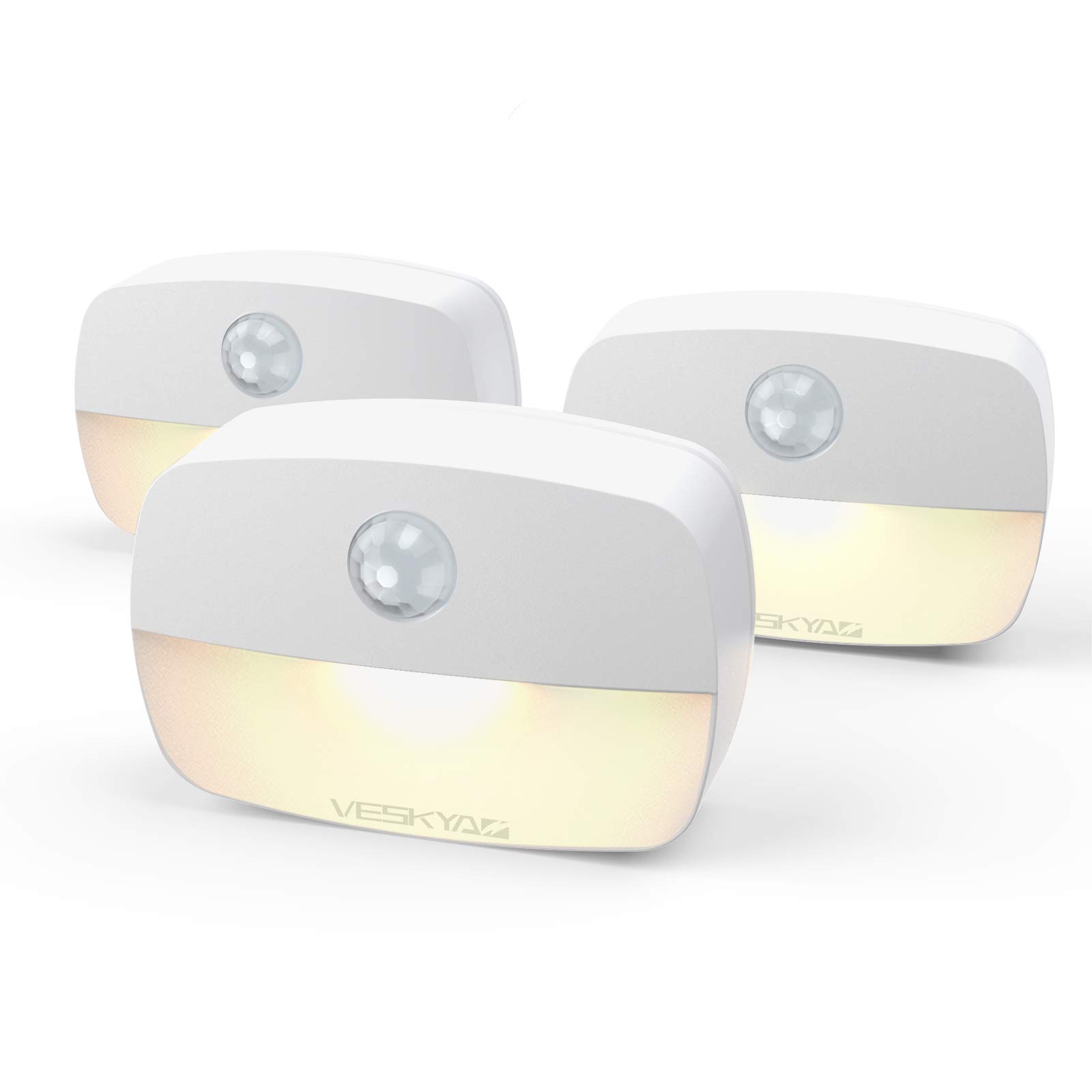 VESKYAO 3 Pack Motion Activated Night Lights - Battery Powered LED Stair Lights with Adhesive Pads, Warm White Sensor Light for Closet, Cabinet, Hallway, Bathroom & Bedroom - Perfect for Nighttime Safety & Convenience
