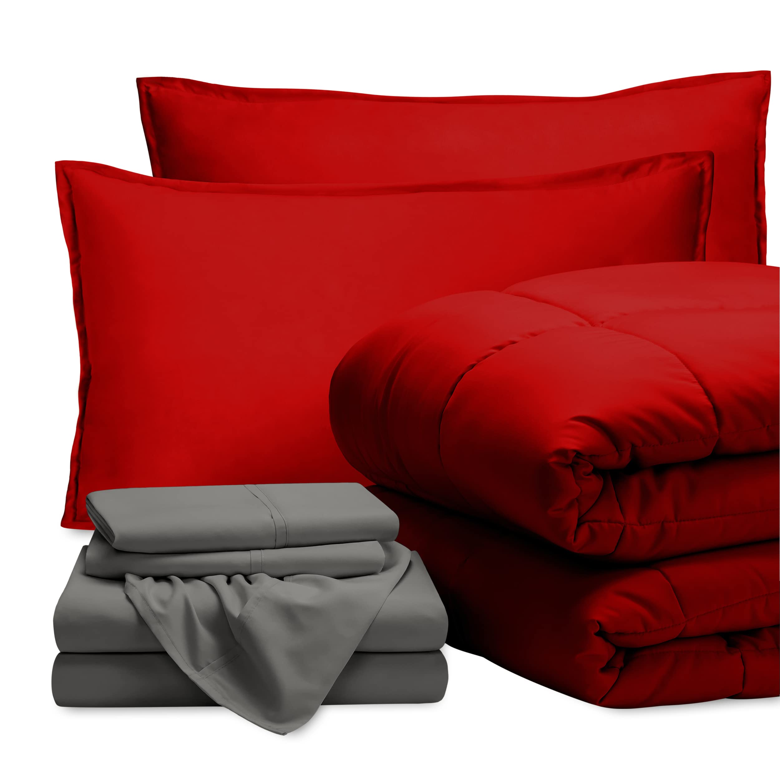 Bare Home 7-Piece Bed-in-A-Bag Comforter Set with Sheets - Full Size, Goose Down Alternative, Ultra-Soft 1800 Thread Count Premium Bedding (Red/Grey) - Perfect for Guest Rooms, Master Bedrooms & Cozy Winter Nights