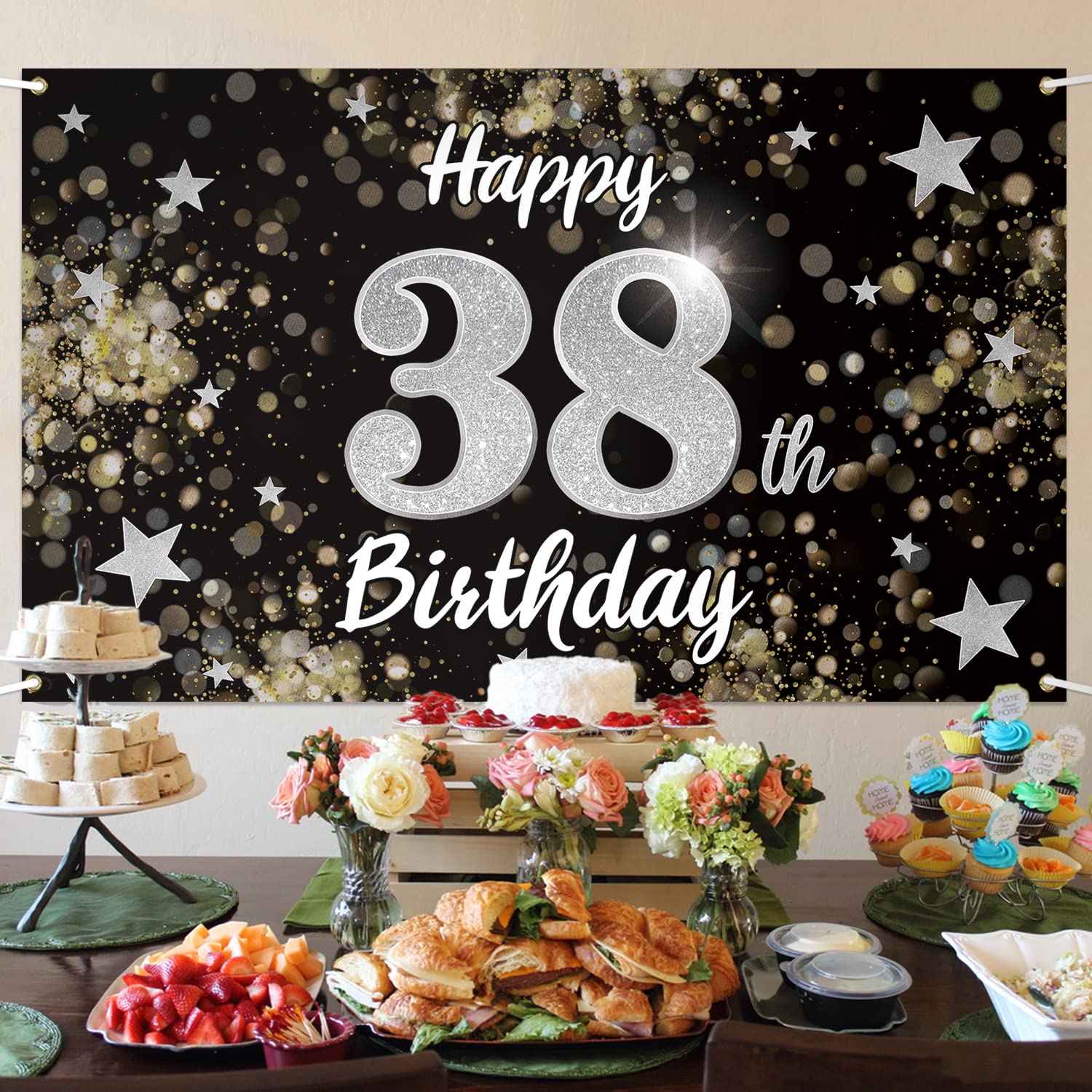 38th Birthday Decorations - Black & Silver Dream Star Large Backdrop Banner for 38 Year Old Birthday Party | Cheers to 38 Years Sign | Perfect for Milestone Celebrations, Photo Booths & Home Decor