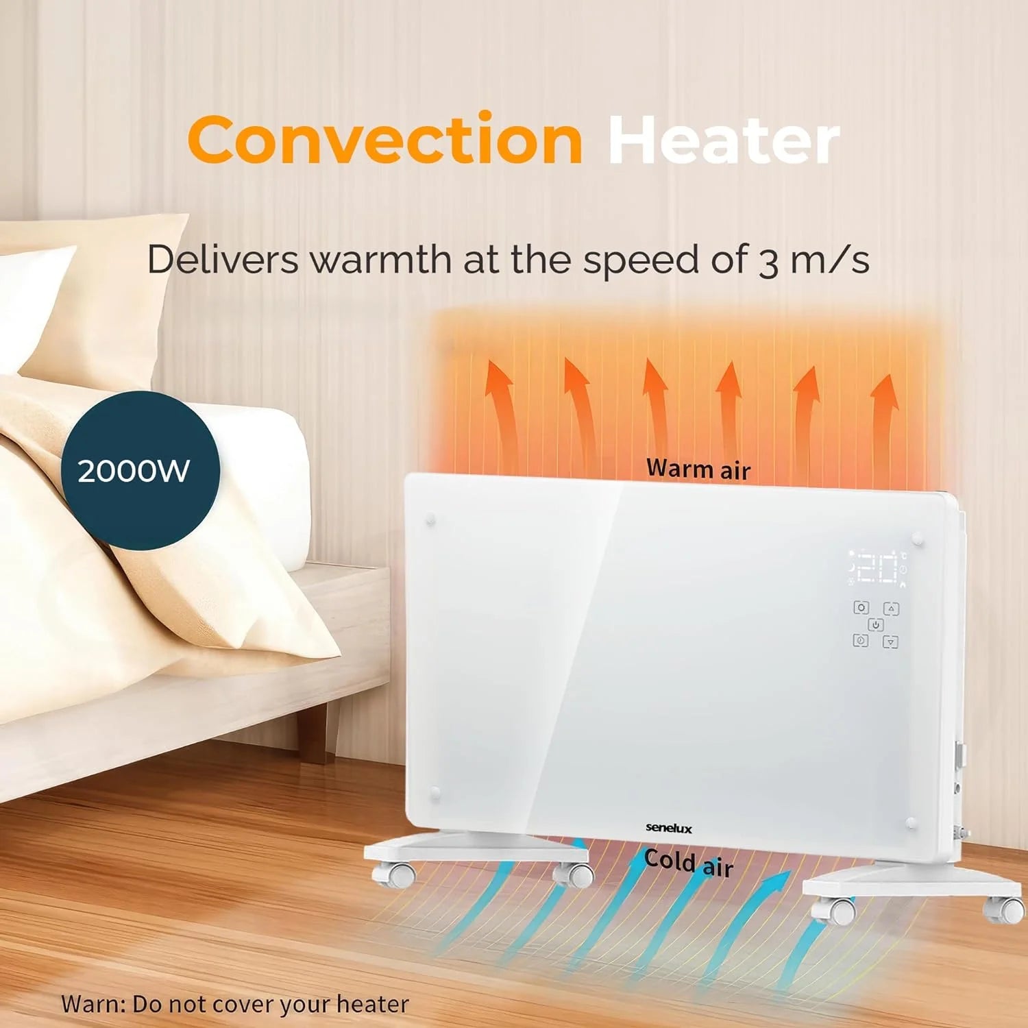White Glass Panel Heater with WiFi Control - Wall Mount or Freestanding with Wheels | Energy Efficient Space Heater for Bedroom, Living Room & Office