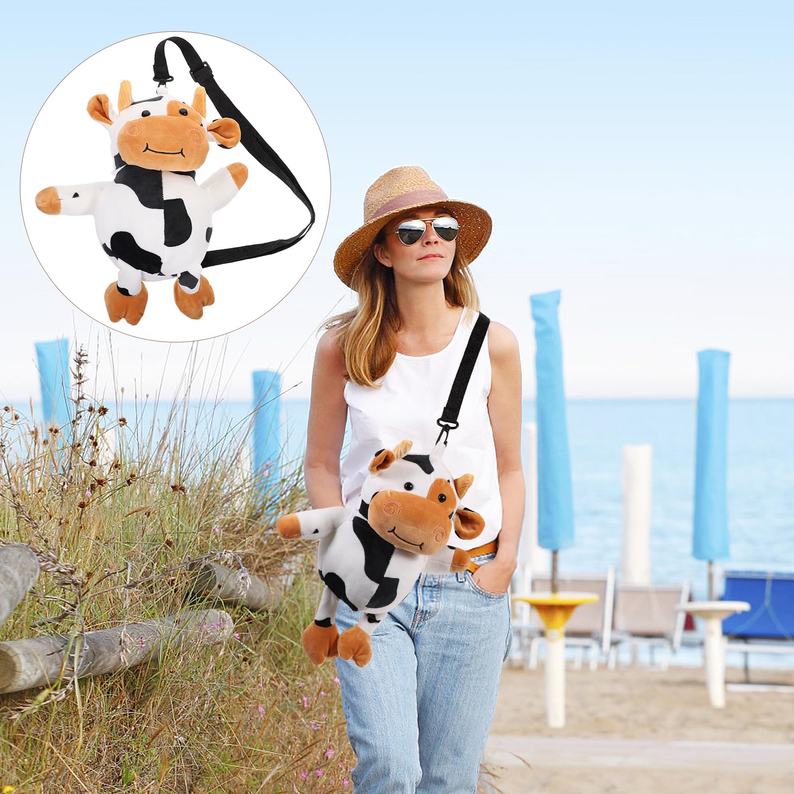 VALICLUD Cute Cow Plush Crossbody Bag for Women & Girls - Soft Stuffed Animal Coin Purse with Adjustable Strap - Perfect for School, Travel & Casual Outings