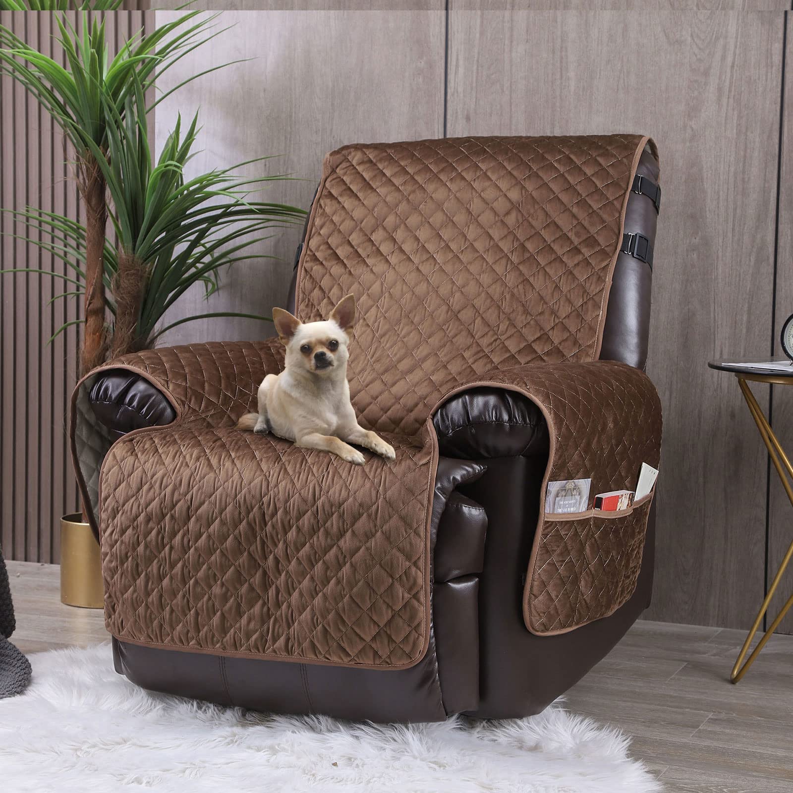 Premium Velvet Recliner Cover - Non-Slip Waterproof Large Chair Protector for Leather Recliners & Sofas | Reversible Furniture Cover for Living Room | Pet-Friendly Dog-Proof Design (Brown, 23