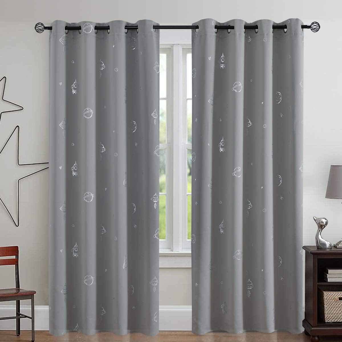 Space Planets Blackout Curtains 84 Inches Long - 2 Panels, Grey with Silver Foil Print, Grommet Top for Kids Room & Bedroom - Perfect for Nursery, Living Room & Home Theater Light Blocking