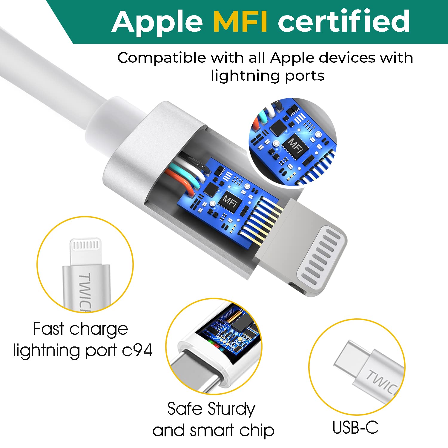 TWICK 20W USB C to Lightning Cable 1M/2M - Fast Charging & Data Sync for iPhone 14/13/12/11 Pro Max/Mini/XR/SE, iPad & MacBook - PD 3.0 Certified (1 Pack) | Perfect for Home, Office & Travel Charging