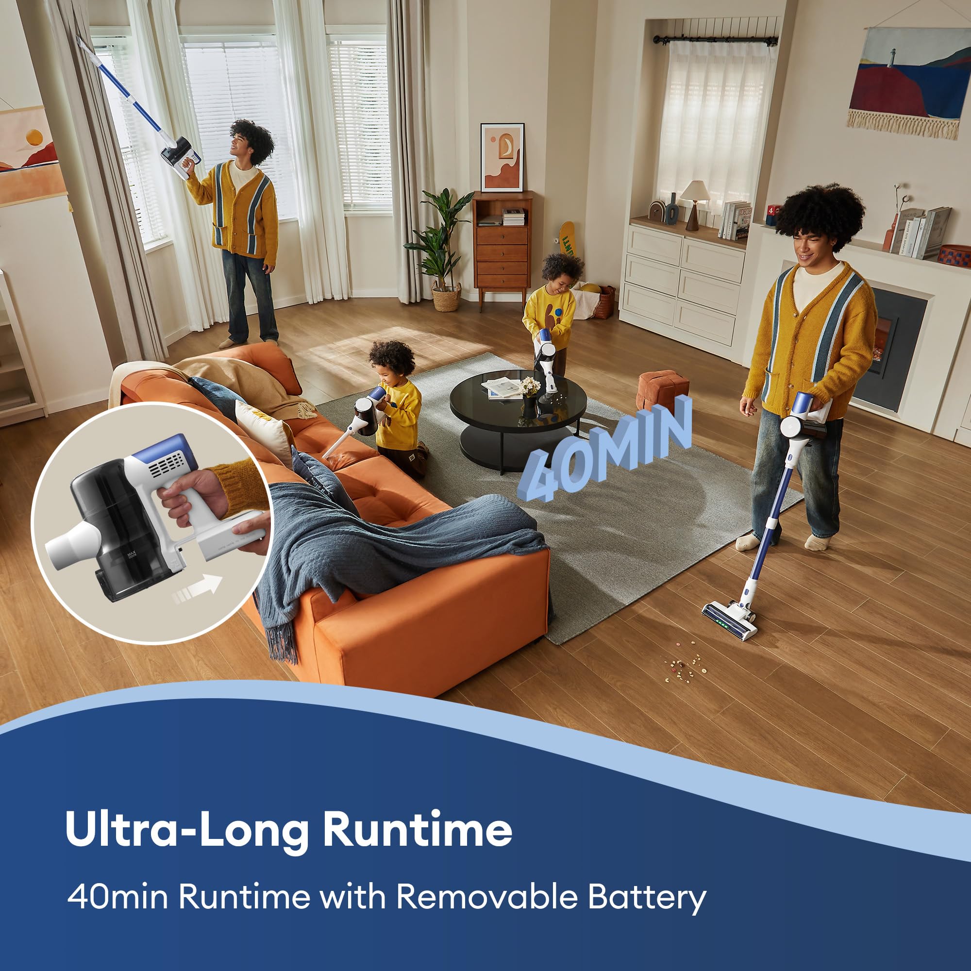 Ultenic U10 Ultra Cordless Stick Vacuum Cleaner - 450W Powerful Motor, 30KPa Strong Suction, 40min Runtime, Anti-Tangle Brush, 1L Large Dustbin - Lightweight Vacuum for Pet Hair, Hardwood Floors, Carpets - Perfect for Home Cleaning & Quick Pickups