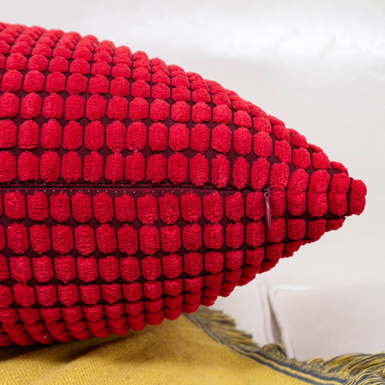 HWY 50 16x16 Inch Corduroy Throw Pillow Covers Set of 2 - Soft Solid Corn Texture Red Accent Cushion Covers for Sofa, Couch, Living Room & Bedroom Decor - Perfect for Home Styling and Cozy Comfort