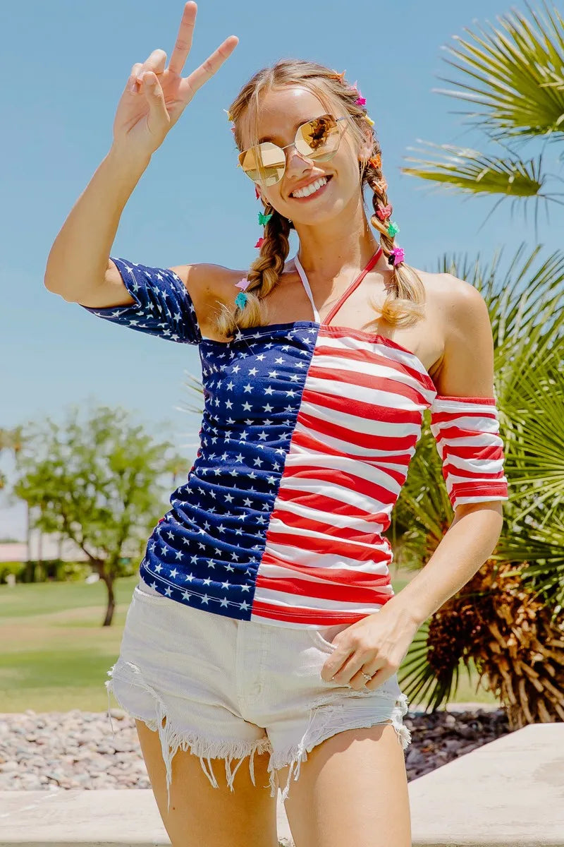 BiBi American Flag Off Shoulder Ruched Tops for Women - Patriotic Summer Blouse for 4th of July, Beach Parties & Casual Outings