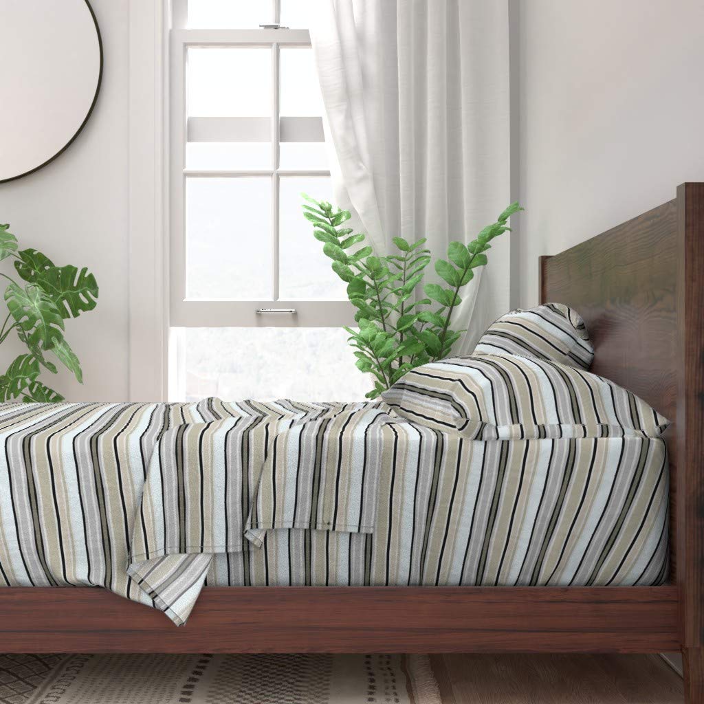 100% Cotton Twin Sheet Set 3pc - Striped Fall Warm Neutral Tan Gray Beach Cream Olive Print Custom Bedding | Soft Breathable Bed Sheets for Cozy Autumn Nights & Coastal Home Decor