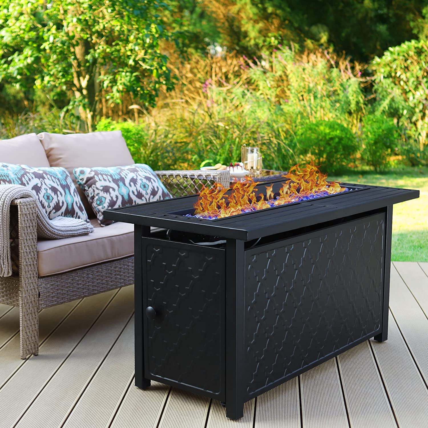 PHI VILLA 45-Inch Large Rectangular Outdoor Propane Fire Pit Table - 50,000 BTU Patio Heater with Lid & Blue Fire Glass - Perfect for Backyard, Deck, Garden Gatherings (Black)