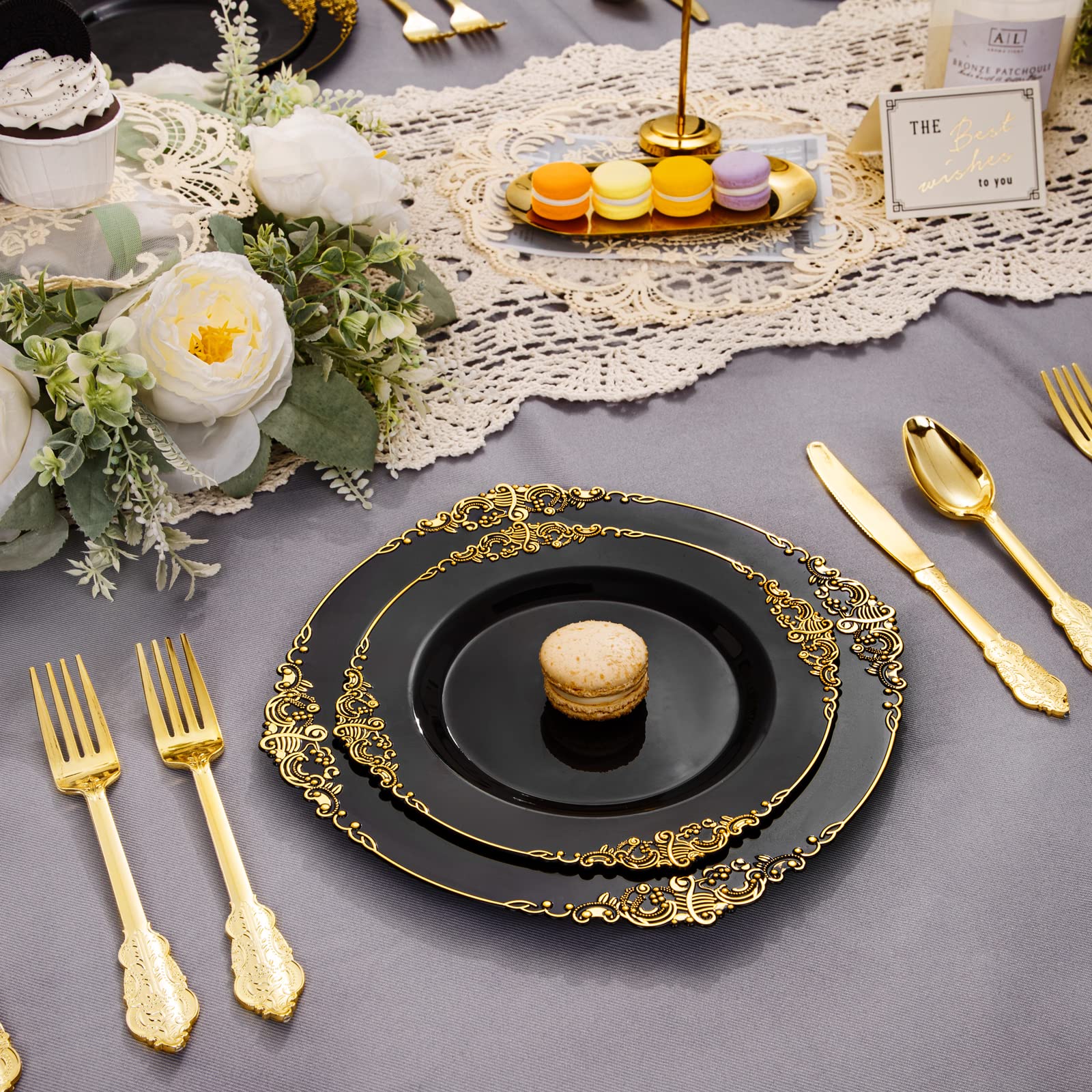 Nervure 200-Piece Black and Gold Plastic Dinnerware Set - 100 Black Gold Plates & 100 Gold Silverware (Forks, Knives, Spoons) - Elegant Disposable Tableware for Parties, Weddings, and Events