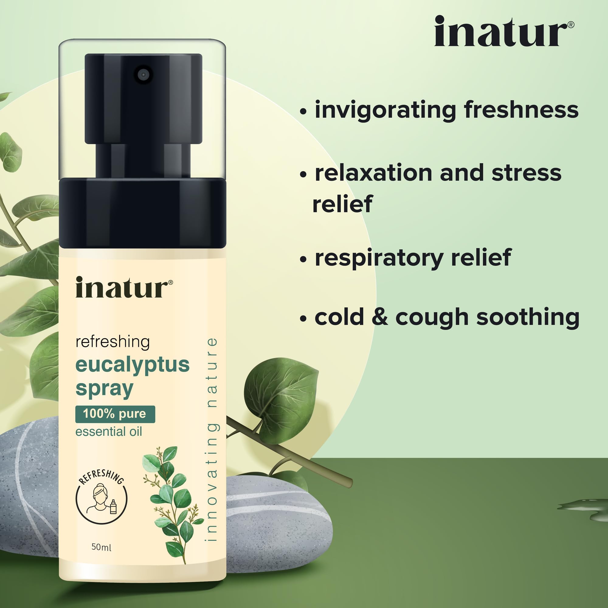 inatur Eucalyptus Essential Oil Spray 50ml - Aromatherapy for Shower, Diffuser & Room Freshening | Relaxing Mist for Spa, Yoga & Home Wellness