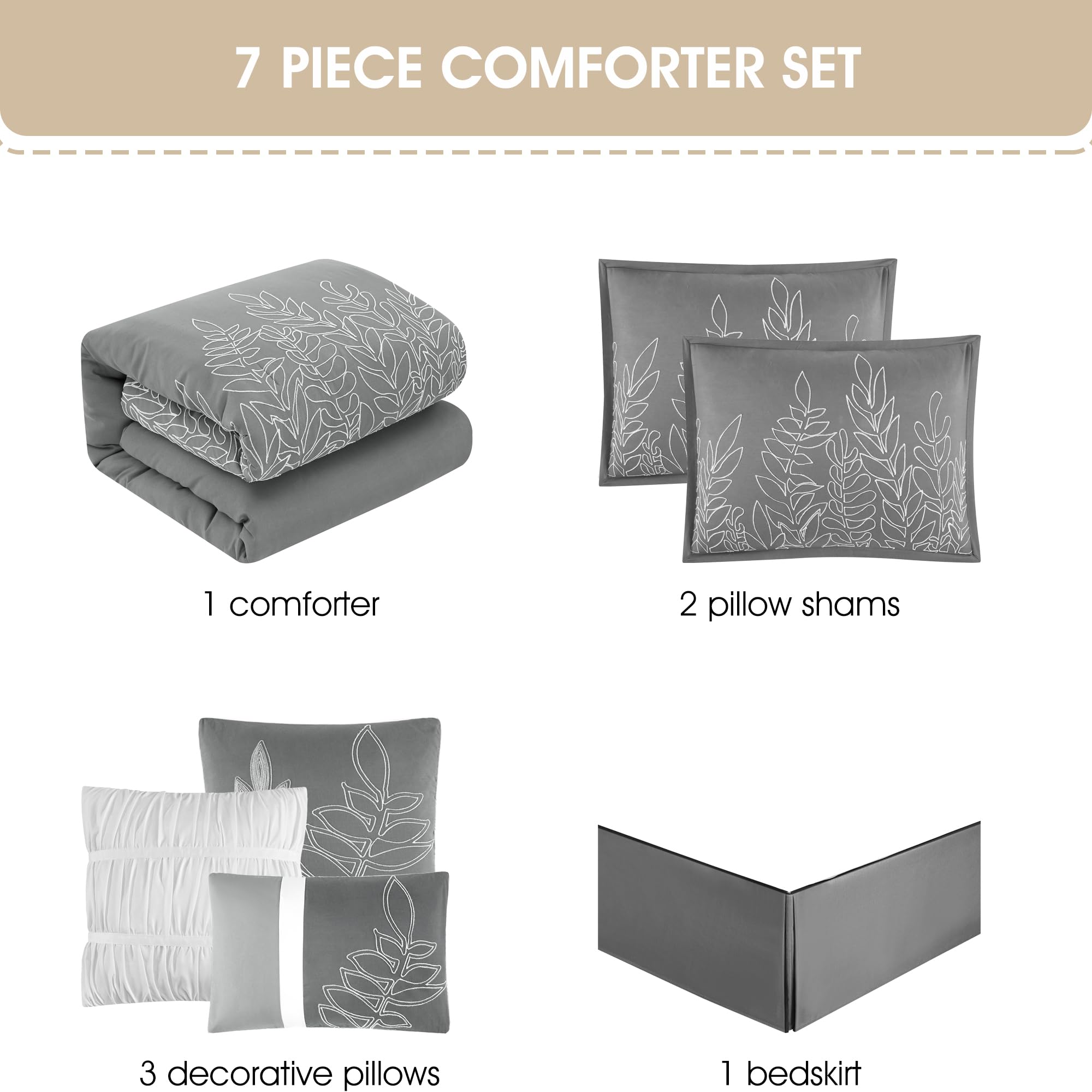 Grand Avenue Grey Leaves King Size Comforter Set - 7 Piece Bedding Set with Pillow Shams, Bed Skirt & Decorative Pillows | All Season Luxury Home Decor for Master Bedroom