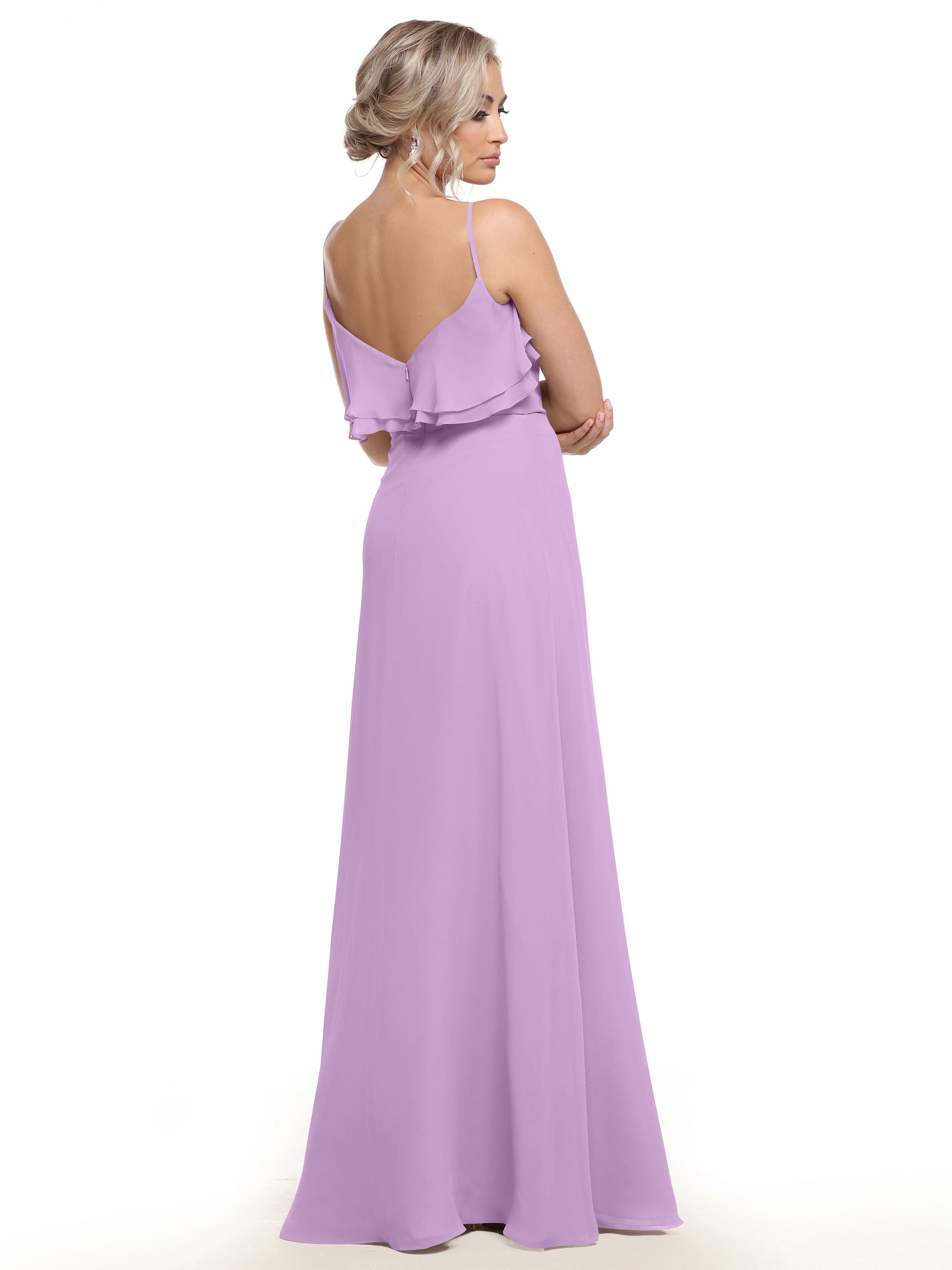 Elegant 80146 Chiffon Bridesmaid Dress with Ruffled Neckline - Perfect for Weddings, Formal Events & Special Occasions