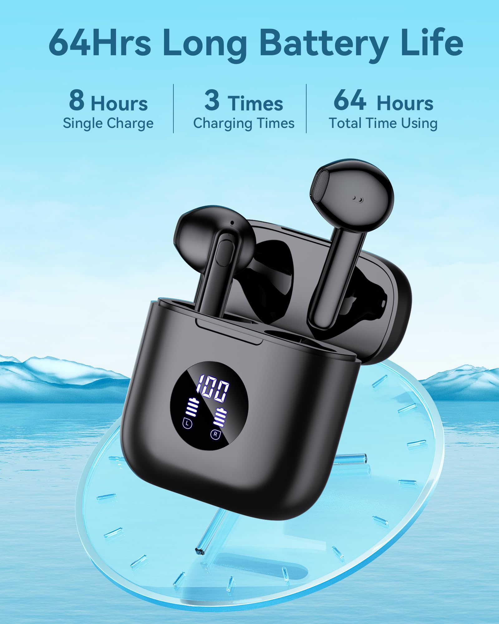 Occiam Wireless Earbuds Bluetooth 5.3 Headphones - 64H Playback Stereo Ear Buds with Wireless Charging Case, in-Ear Earphones for Android Phone & Laptop (Black) - Perfect for Workouts, Commuting & Travel