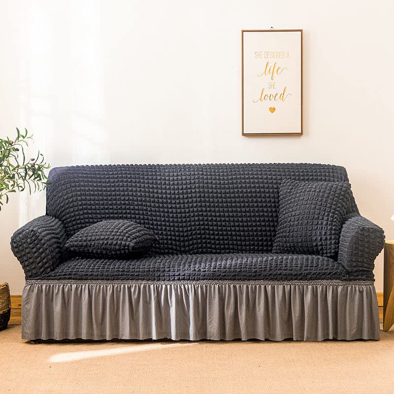 3D Bubble Lattice Sofa Cover with Skirt - Stretchable Universal Couch Slipcover for 1/2/3/4 Cushion Couches (235-300cm, U-4 Seater) - Furniture Protector for Kids & Pets - Perfect for Living Room, Family Room & Pet-Friendly Homes