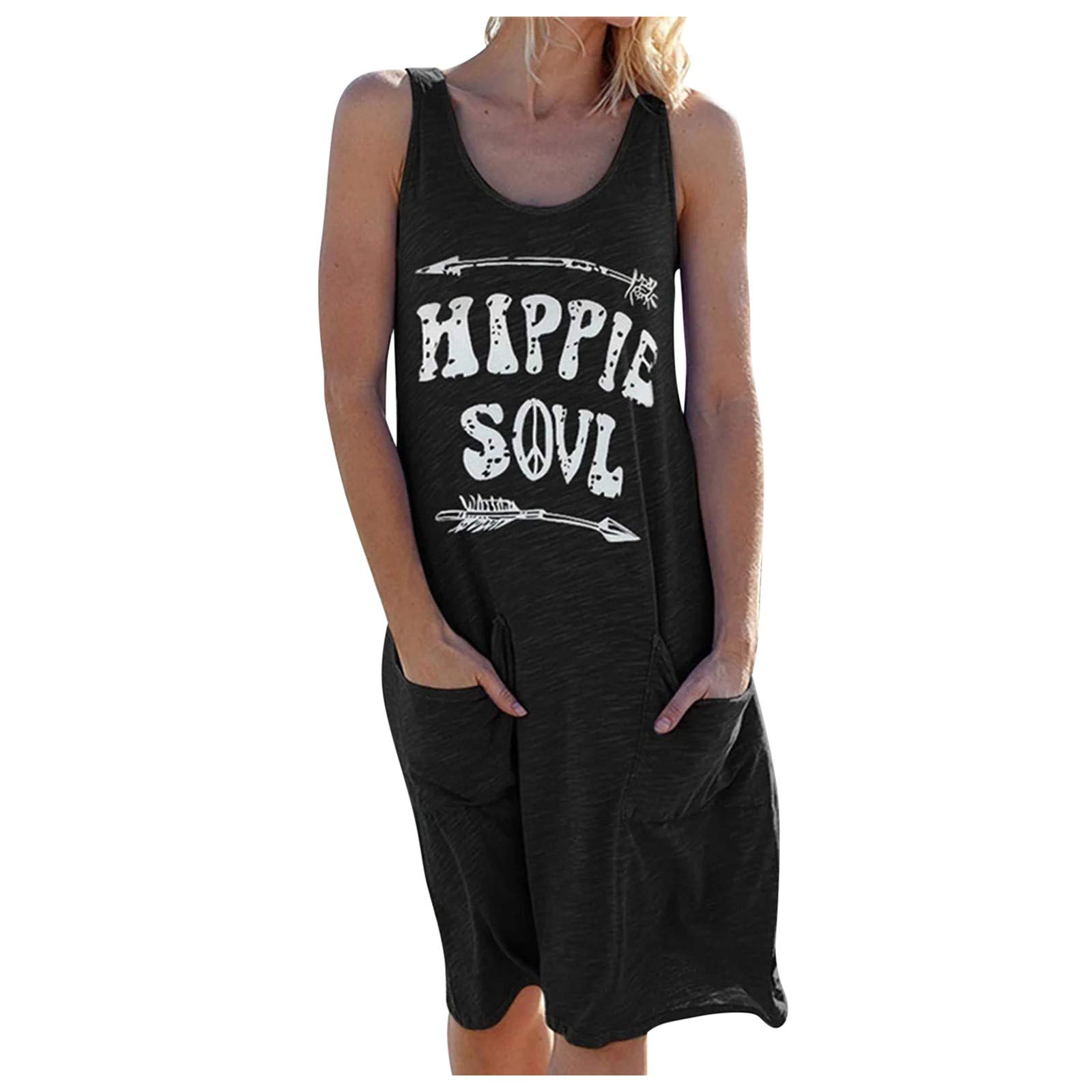 Women's Summer Casual Sleeveless Letter Print Dress with Round Neck and Pockets - Perfect for Beach Outings, Parties, and Everyday Wear