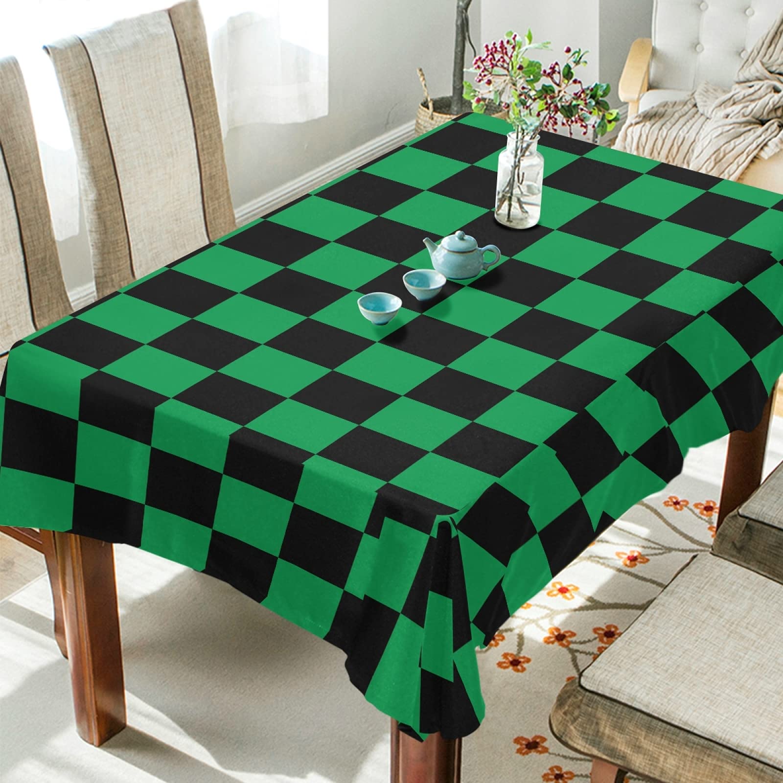 Green & Black Checkered Polyester Tablecloth 60x108 Inch - Rectangle Party Table Cover for Dinner, Picnic, BBQ & Holiday Decorations