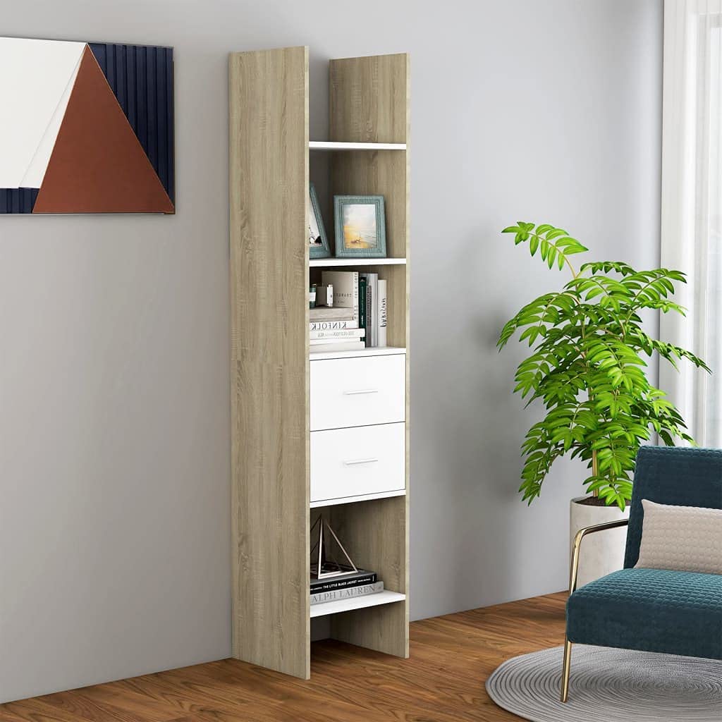 Modern Open Office Bookcase with 2 Drawers - Freestanding Storage Shelf for Living Room, Bedroom - Multifunctional Book Cabinet in White & Sonoma Oak - 15.7