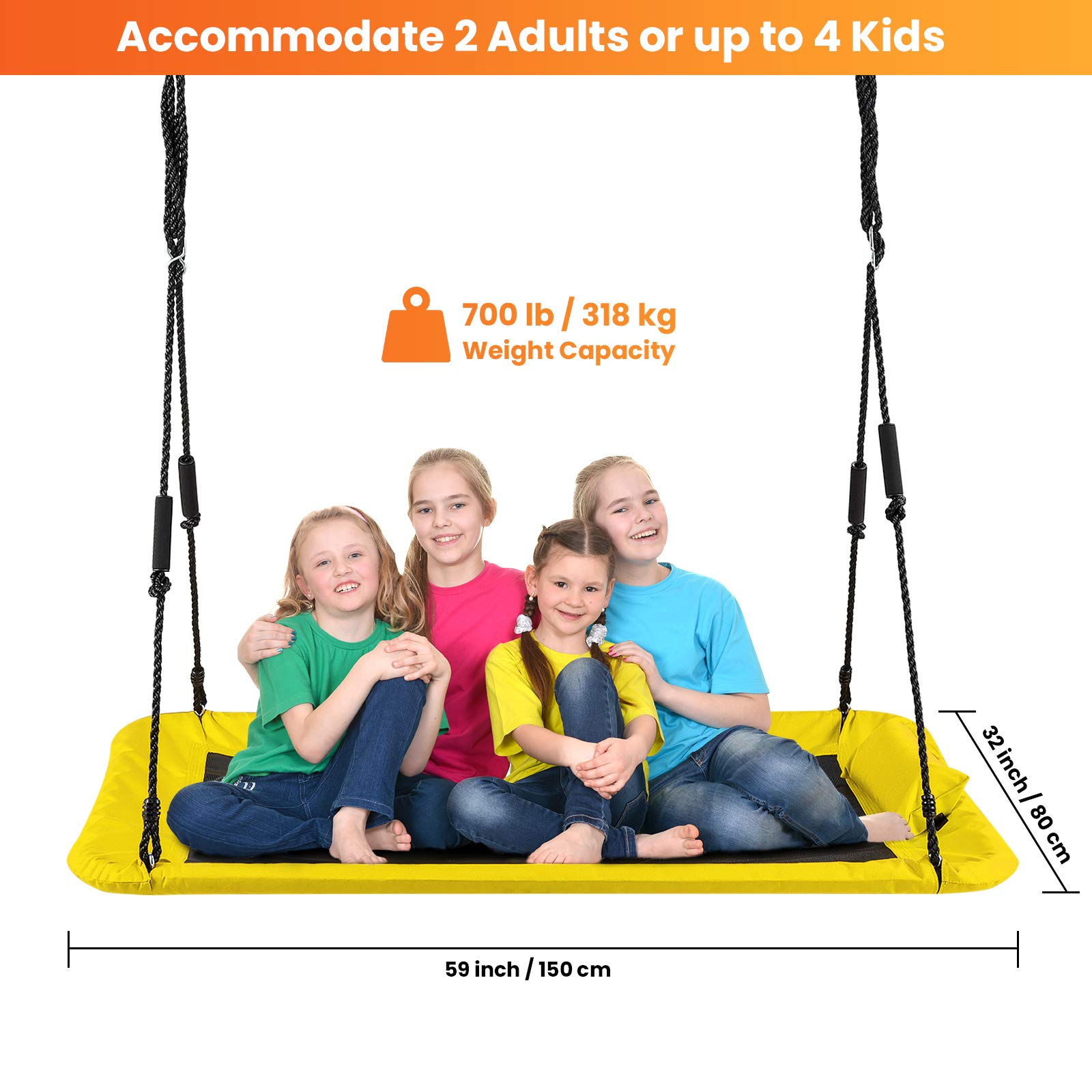 Outdoor Tree Swing for Kids & Adults - 59 Inch Flying Swing with 2 Hanging Straps, 700lb Capacity, Adjustable Ropes - Easy Setup Backyard Swing Set (Yellow) - Perfect for Family Fun, Playgrounds, and Outdoor Adventures