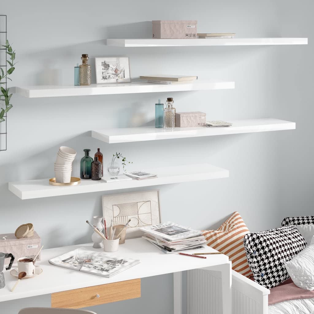 Floating Wall Shelves Set of 4 - Bathroom Corner Shelf, Wall Mounted Shower Shelf, Space Saving Bookshelves - High Gloss White MDF (47.2