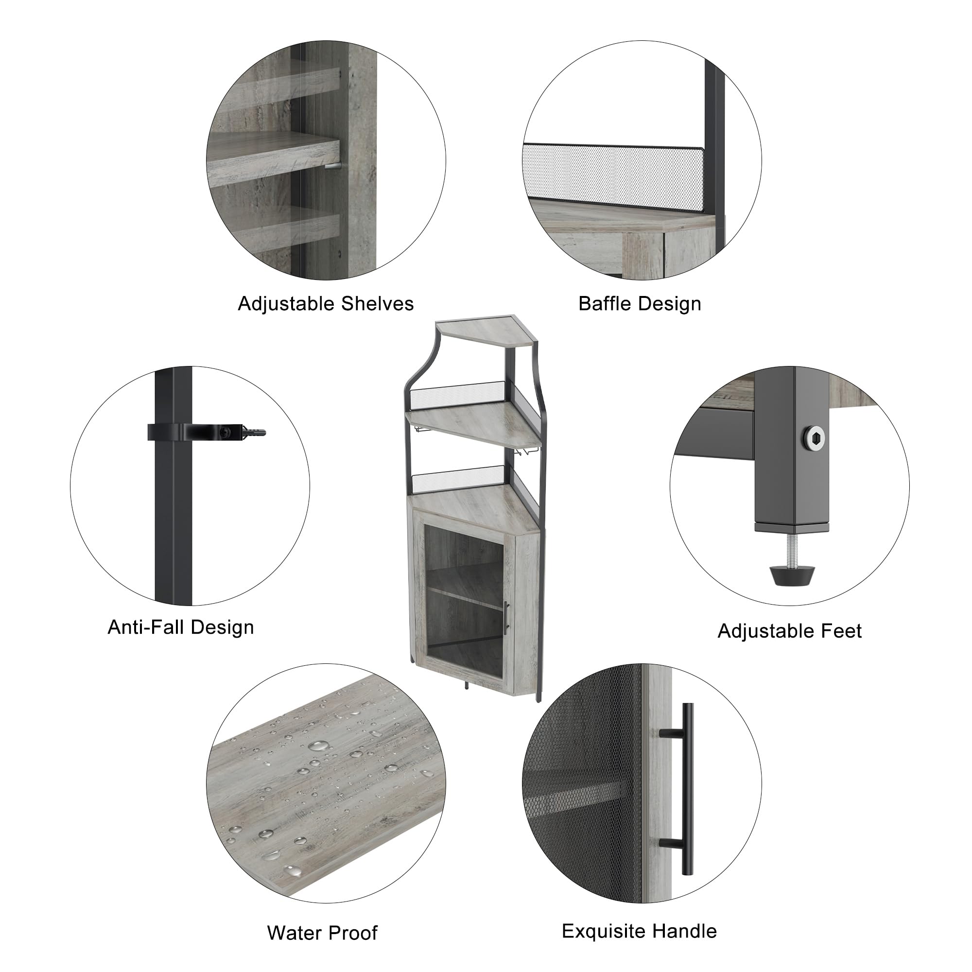 5-Tier Industrial Wine Cabinet with LED Lights & Glass Holder - Adjustable Shelf, Mesh Door - Modern Corner Bar Cabinet for Home, Kitchen, Dining Room - Grey