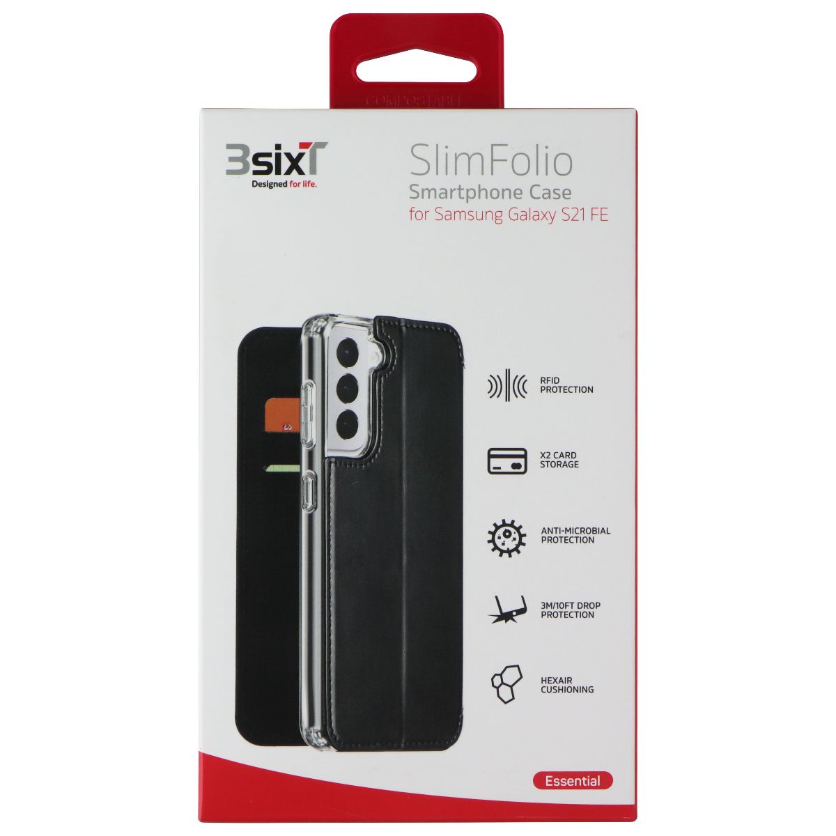 3SIXT SlimFolio Case for Samsung Galaxy S21 FE - Ultra Thin Protective Cover with Kickstand (Black/Clear) | Perfect for Work, Travel & Everyday Use