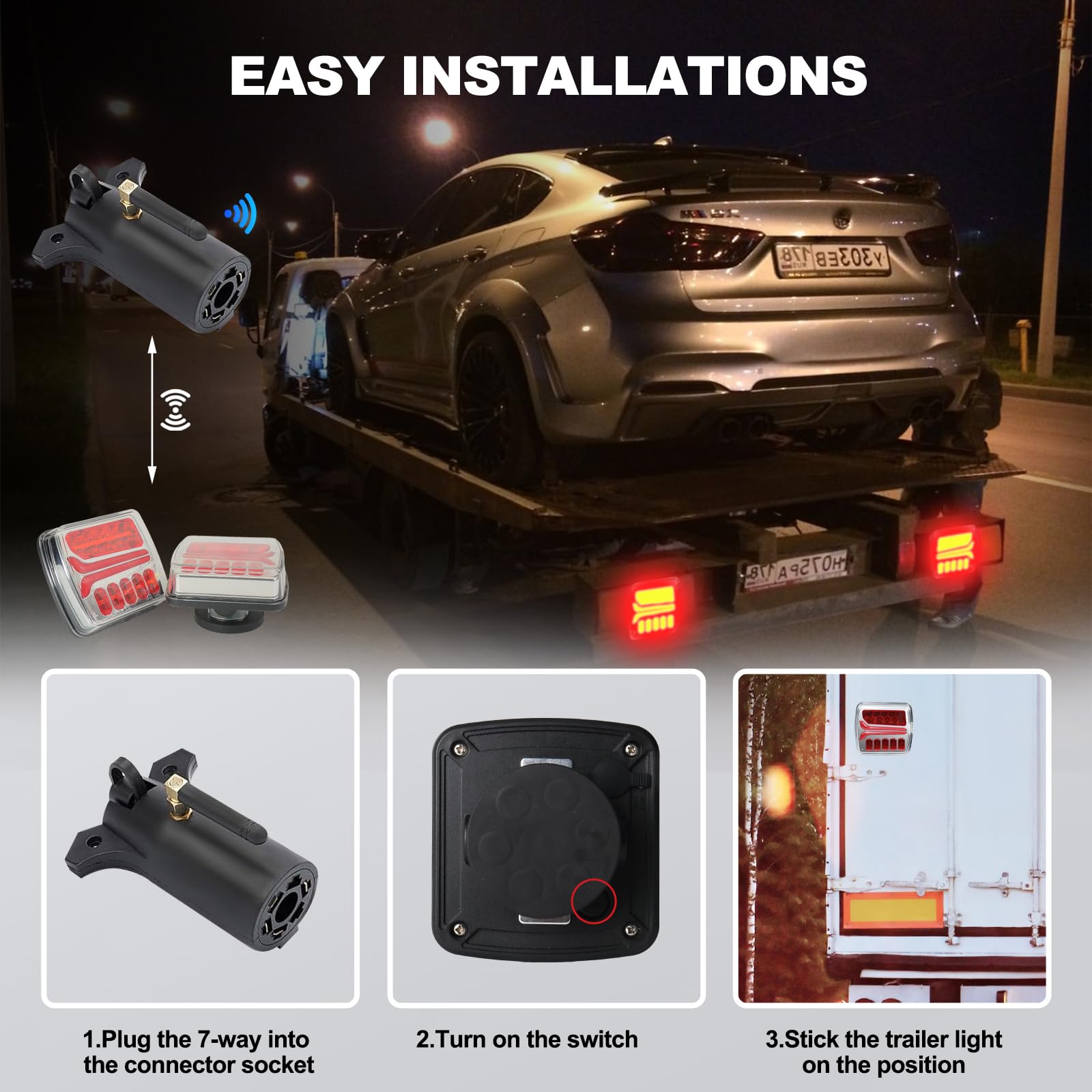 2024 Upgraded Rechargeable Magnetic LED Trailer Light Kit - Waterproof Wireless Tow Lights for Trucks & Trailers with Anti-Lost Rope | Perfect for Night Towing, Boat Trailers, Camping & Roadside Emergencies