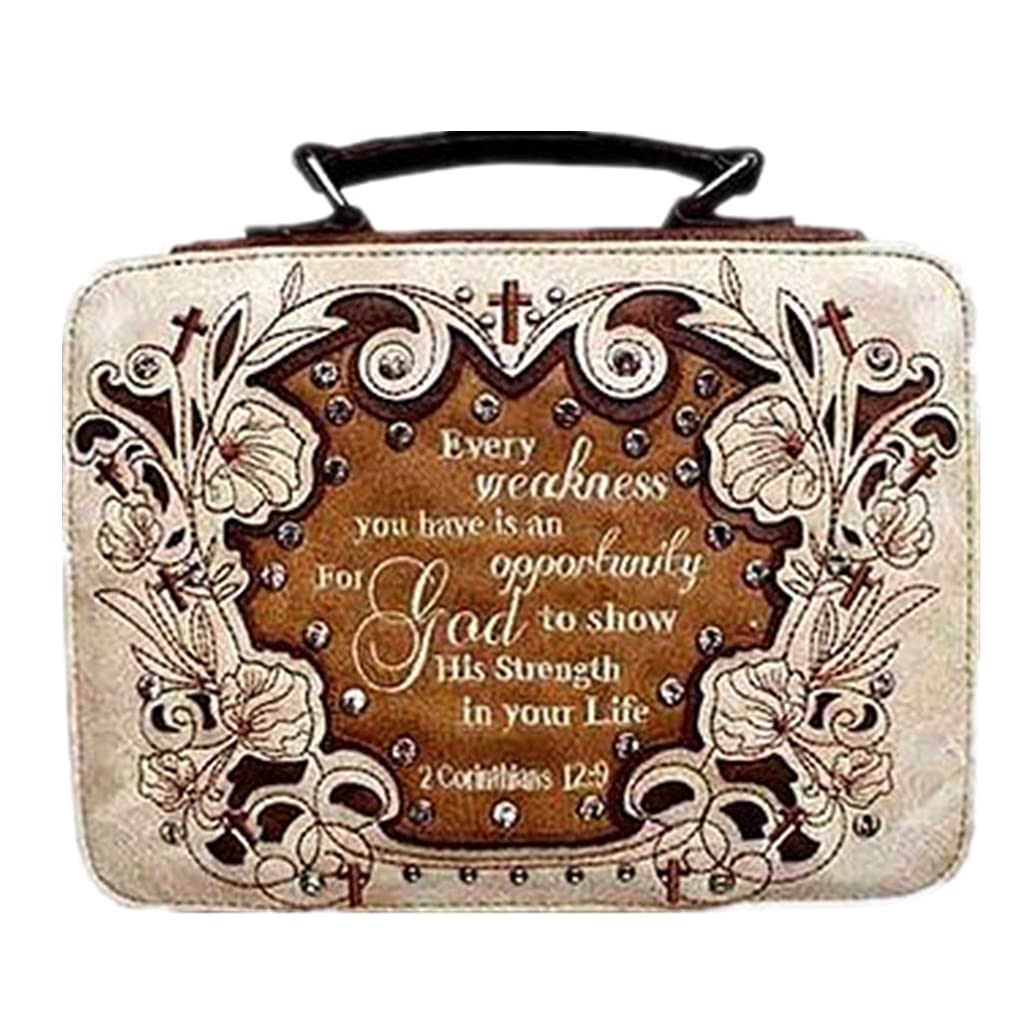 Western Bible Cover with Faith Embroidered Scripture & Rhinestone Design - Multi-Color (Beige/Coffee) for Church, Bible Study & Gift Giving