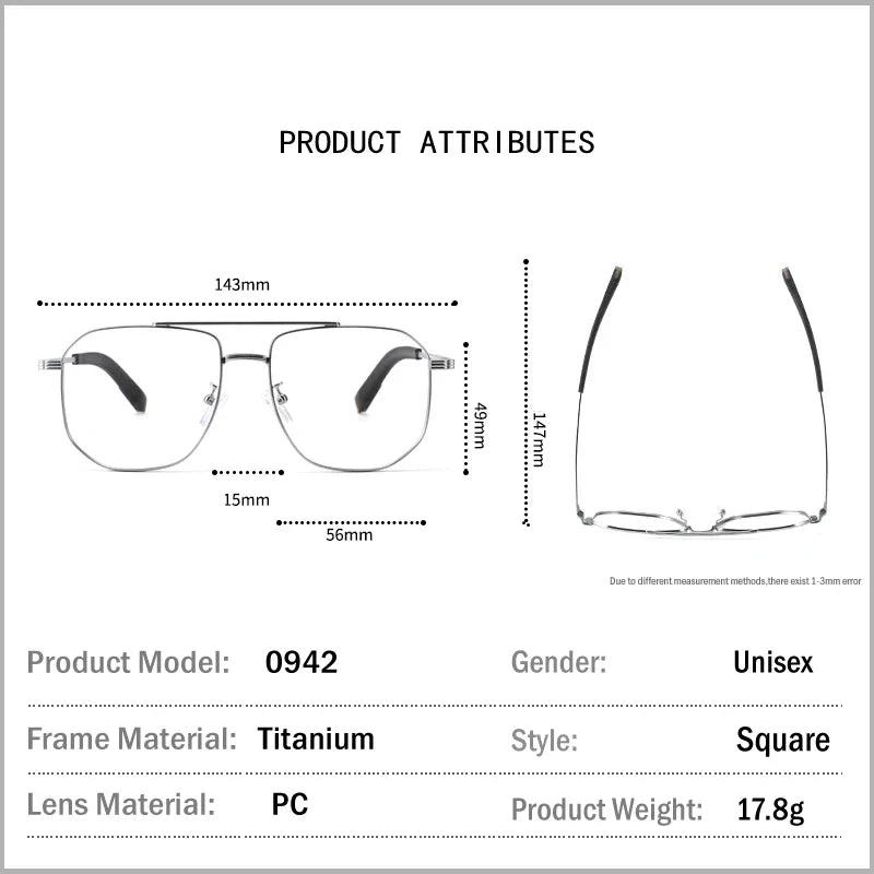 Aror Unisex Full Rim Square Double Bridge Titanium Eyeglasses 40942 - Lightweight Durable Frame for Men & Women - Perfect for Reading, Working & Daily Wear