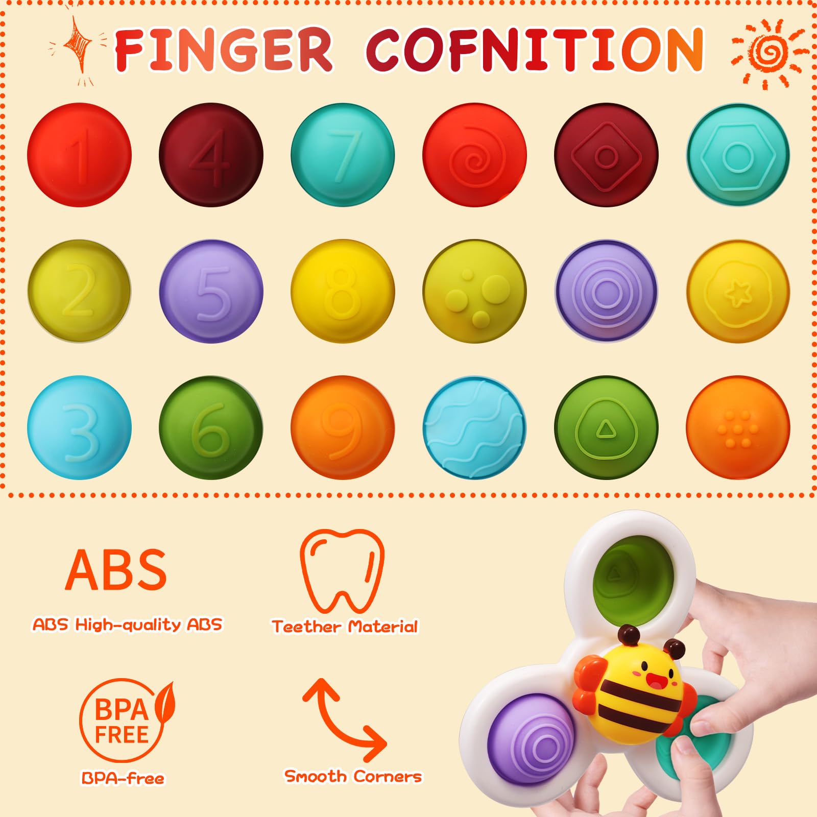 3-Piece Baby Sensory Suction Cup Toys for Toddlers 1-3 Years - Motor Skill Development Bath & Highchair Toys for Boys & Girls - Safe BPA-Free Sensory Play for Bathtime, Mealtime & Learning Activities