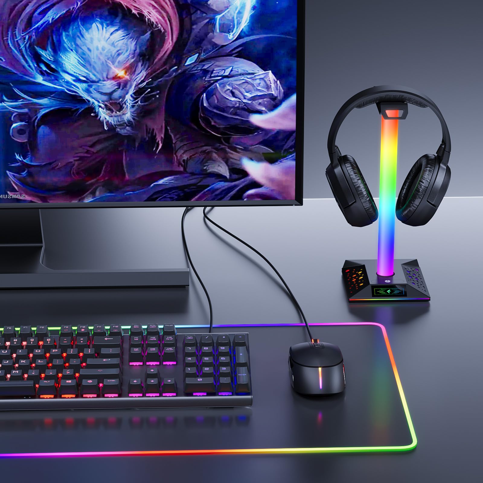 RGB Gaming Headphone Stand with Dual USB Chargers & Cool LED Lights - Premium PC Gaming Accessories for Men, Boys & Gamers - Perfect Headset Holder for Desk Setup, Streaming & Esports Gaming