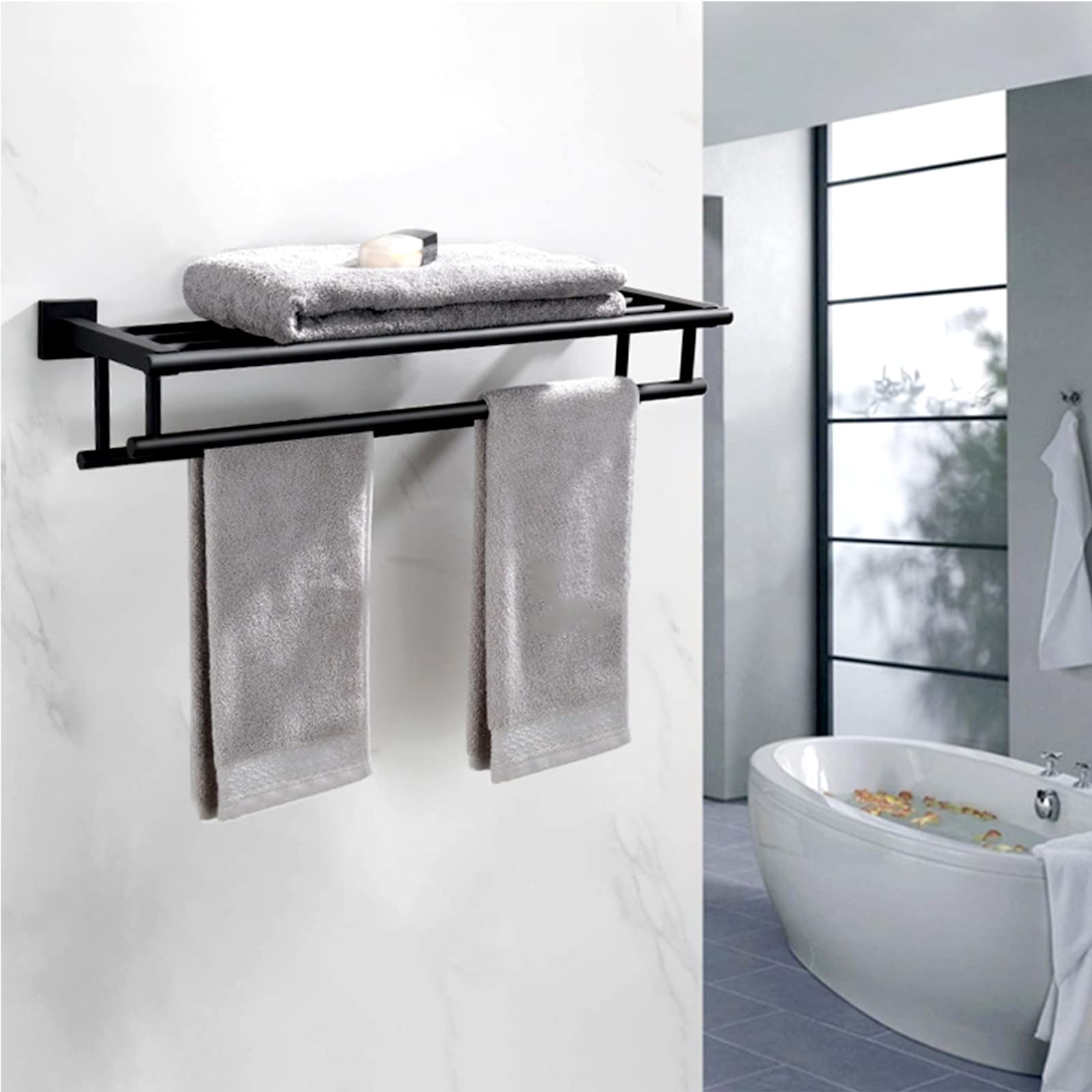Stainless Steel Towel Shelf with Double Towel Bar - 27.5 Inch Wall Mounted Bathroom Organizer | SUS304 Matte Black Finish | Perfect for Bathroom, Hotel & Spa Decor