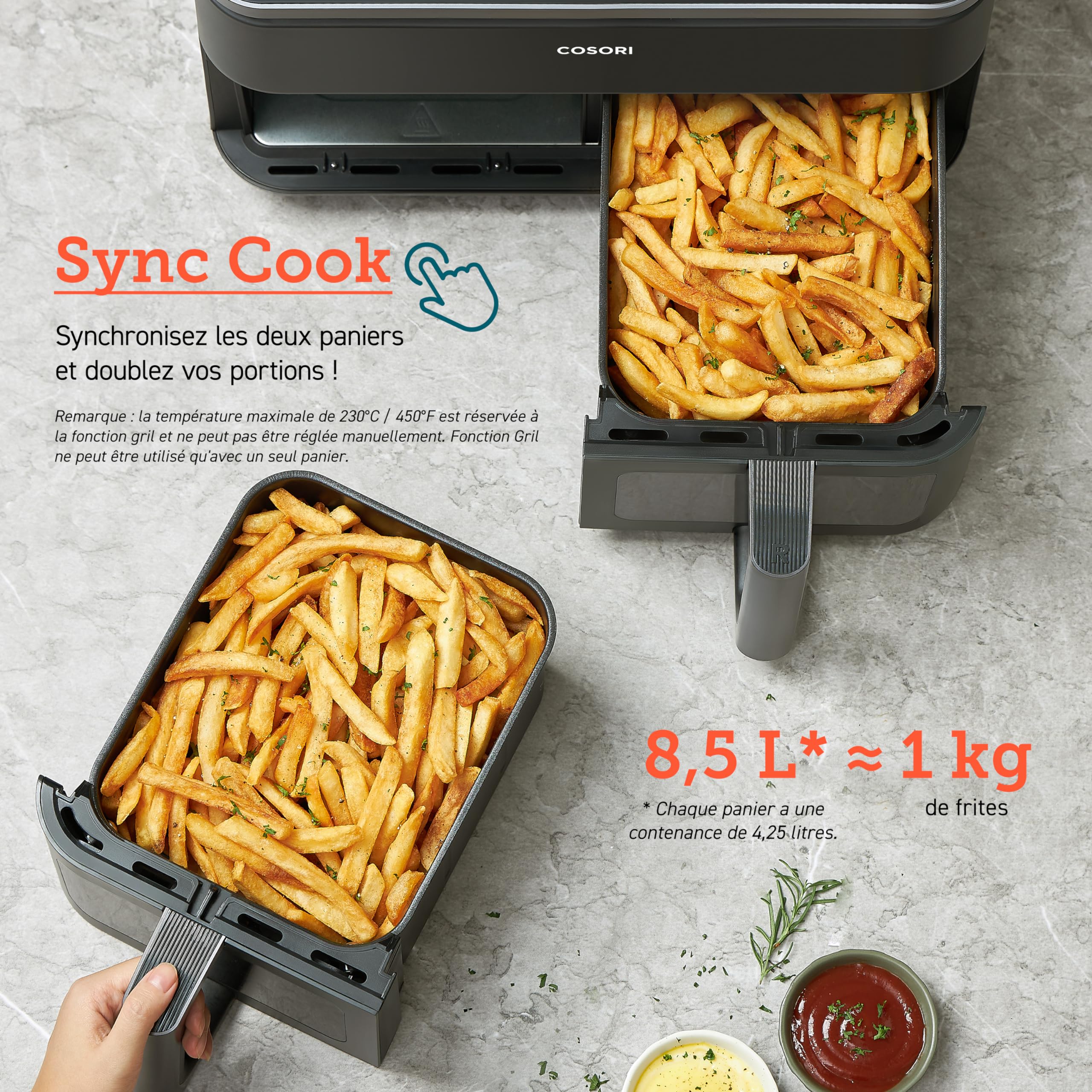 COSORI 8.5L Dual Zone Air Fryer - Oil Free Deep Fryer with 55% Energy Saving, 85% Less Oil - Large Capacity for 8 People - Sync Cooking at 35-230°C - Includes Recipe Book - Perfect for Family Meals, Healthy Snacks and Party Cooking