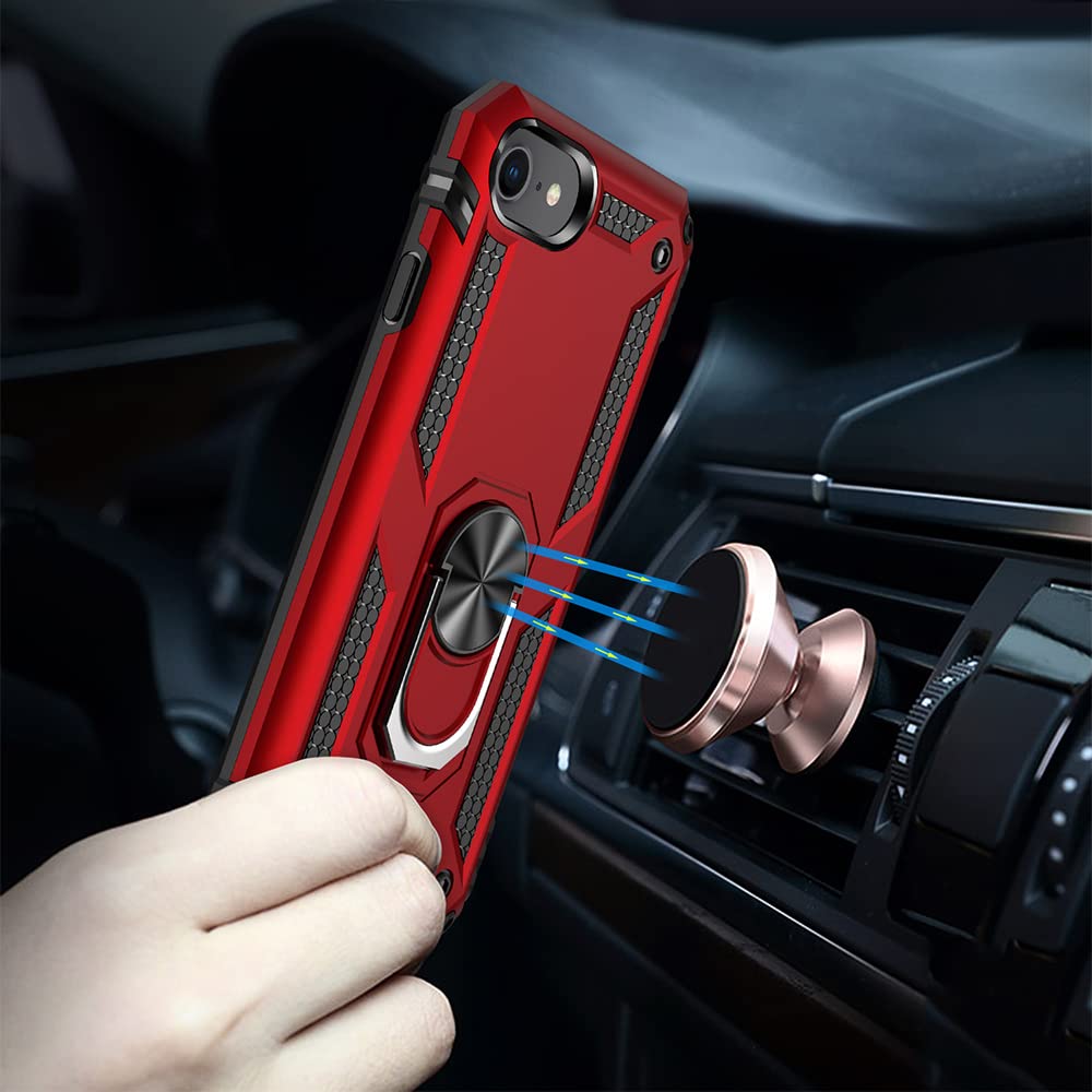 Aozuoton iPhone SE 2022/2020 & iPhone 8/7 Case with HD Screen Protector - Military Grade 16ft Drop Tested, Shockproof Protective Phone Cover with Ring Holder (Red) - Perfect for Outdoor Activities, Work & Daily Use