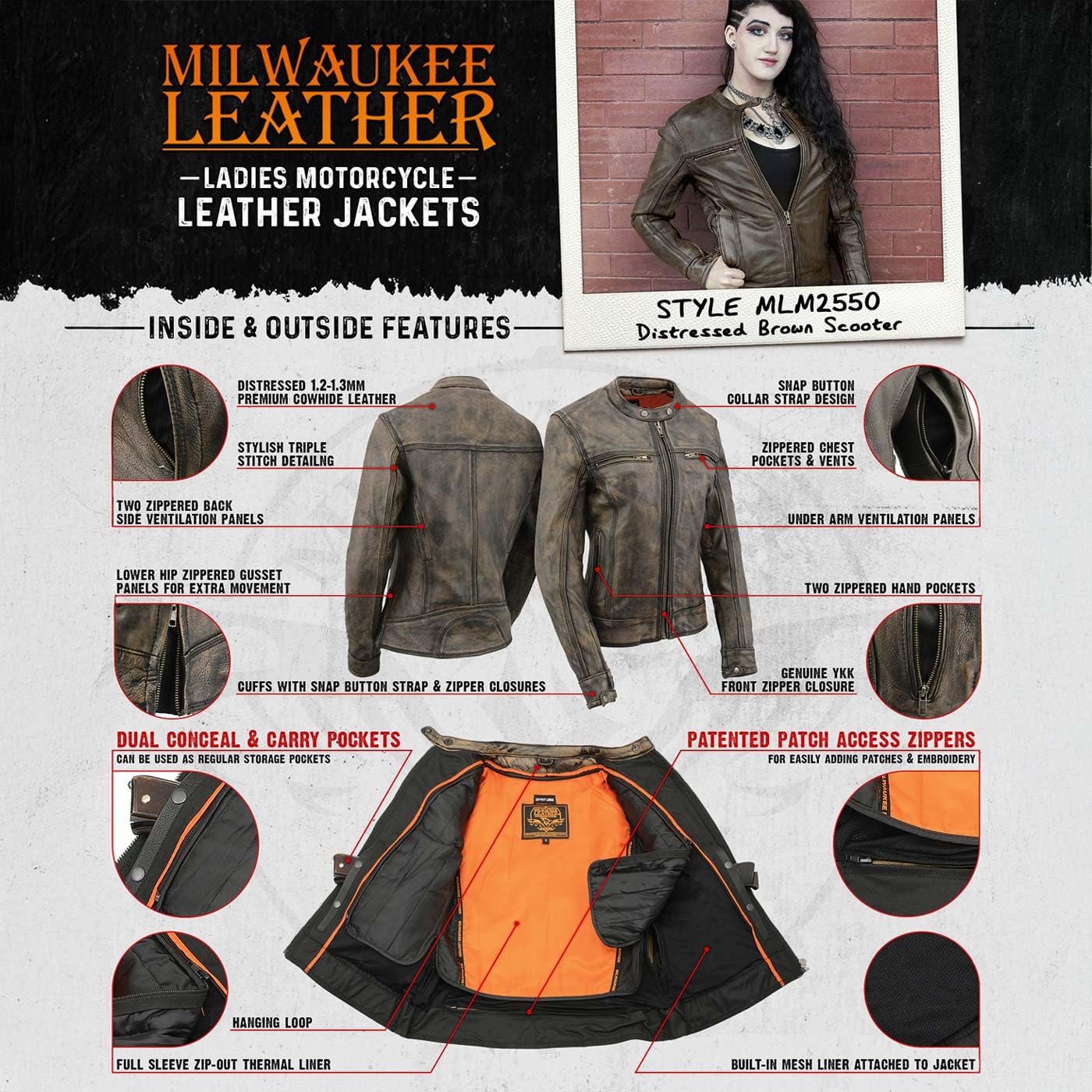 Milwaukee Leather MLL2550 Women's Scooter Distressed Brown Leather Vented Motorcycle Jacket - Breathable Riding Gear for Urban Commuting & Motorcycle Adventures