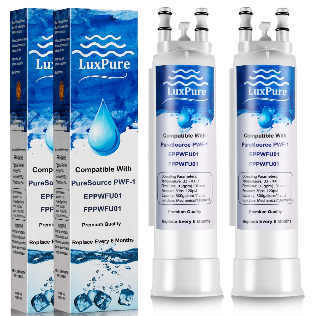 LuxPure Refrigerator Water Filter Replacement (2 Pack) - Compatible with Frigidaire FPPWFU01, PurePour PWF-1, Electrolux EPPWF01 & PureAdvantage PWF-1 - Clean & Fresh Drinking Water for Home, Office & RV Use
