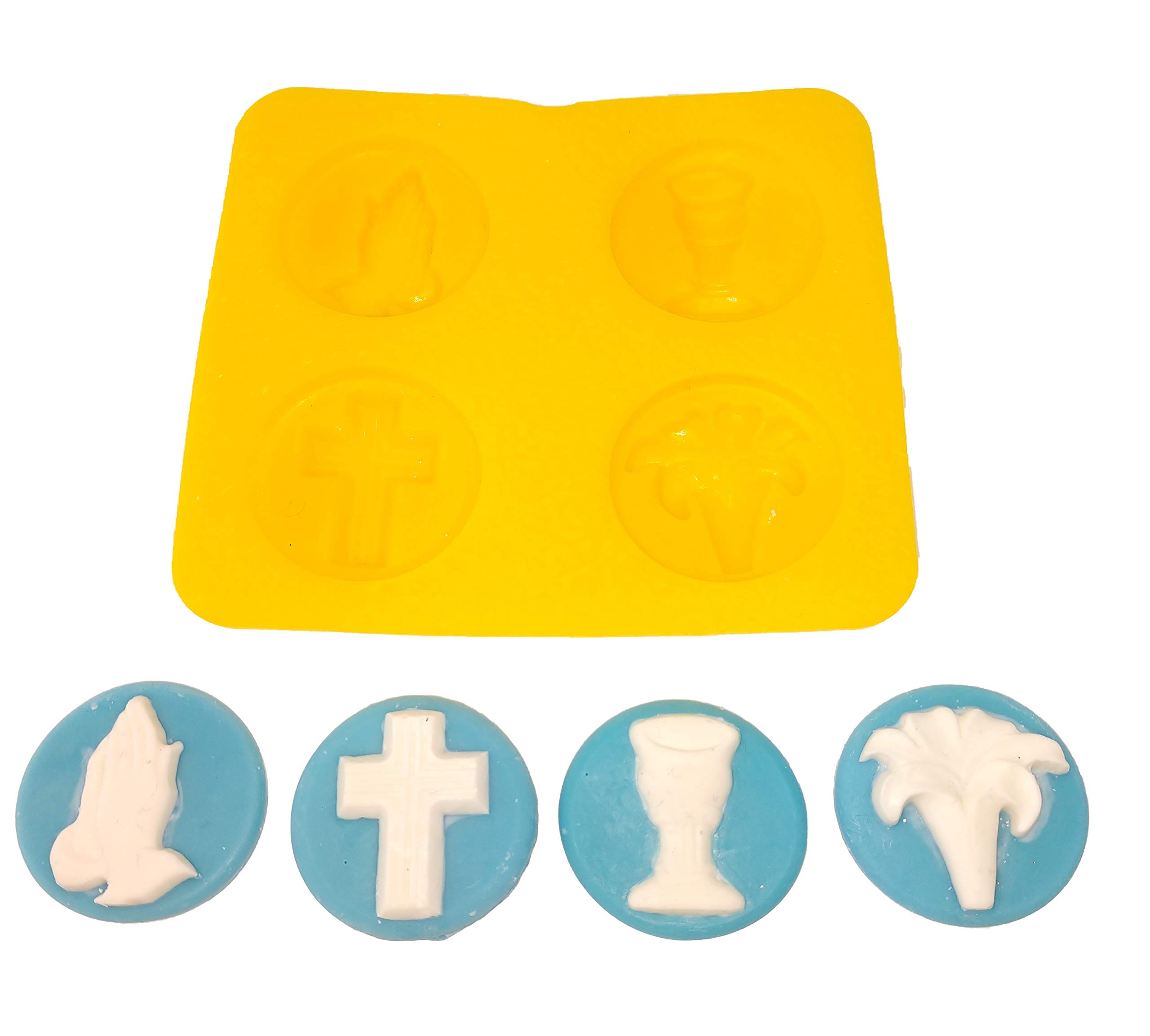 Religious Silicone Molds Set - 4 Cavity Prayer Hands, Easter Lily, Holy Cross, Confirmation Cup for Candy, Chocolate, Fondant & Baking - Perfect for Easter, Baptism, First Communion & Church Events