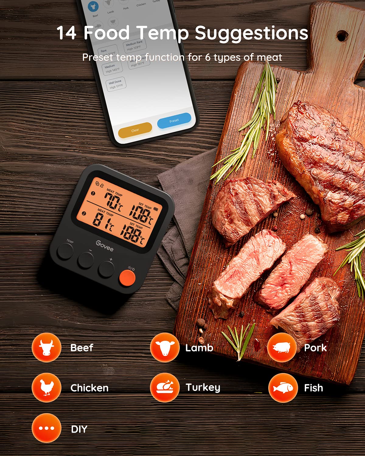 Govee Bluetooth Meat Thermometer - Wireless Grill Thermometer with 230ft Range, Digital Cooking Thermometer with Smart Alerts & Temperature Probe for BBQ, Smoker, Oven & Kitchen Use - Perfect for Grilling, Smoking, Baking & Roasting