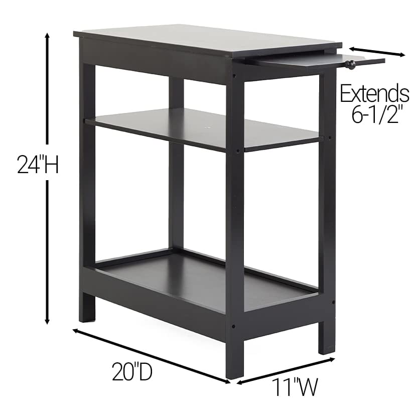 Compact Side Accent Table with Sliding Pull Tray & Shelf - Small Space End Table for Living Room, Bedroom, Office - Black Wood Nightstand for Home Decor