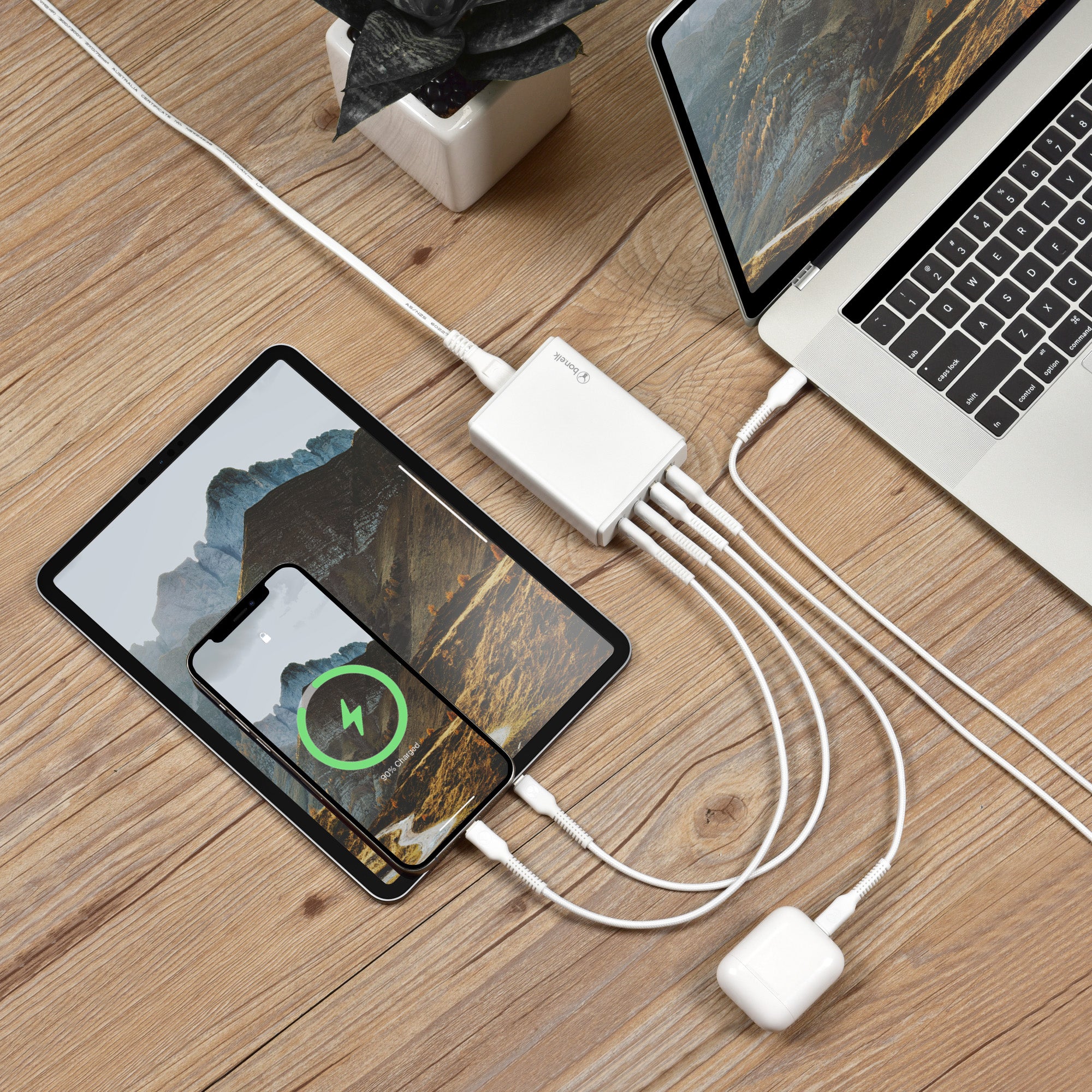 Bonelk 65W Desktop Charger with 2 USB-C & 2 USB-A Ports - Fast Charging Station for Phones, Tablets & Laptops - White | Perfect for Home, Office & Travel Use