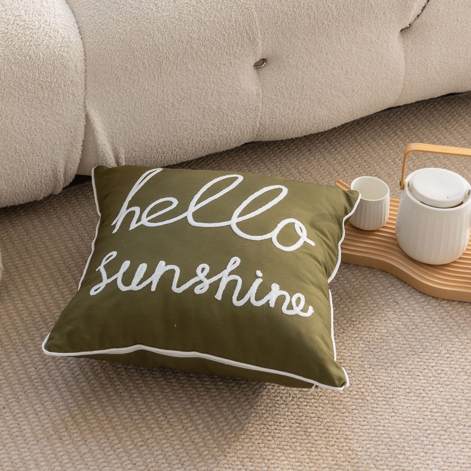 YIcabinet Set of 2 Soft Solid Decorative Square Throw Pillow Covers 18x18 Inch - Green Hello Sunshine Pattern for Sofa, Bedroom, Outdoor Patio & Car Decor - Perfect for Home Accent, Living Room Coziness and Seasonal Decorations